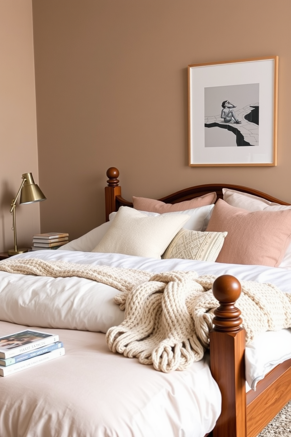 A cozy bedroom featuring layered bedding in soft neutral tones. The bed is adorned with plush pillows and a chunky knit throw, creating an inviting atmosphere for couples. The walls are painted in a warm taupe, complementing the rich wooden furniture. A stylish bedside table holds a modern lamp and a stack of books, enhancing the overall design.