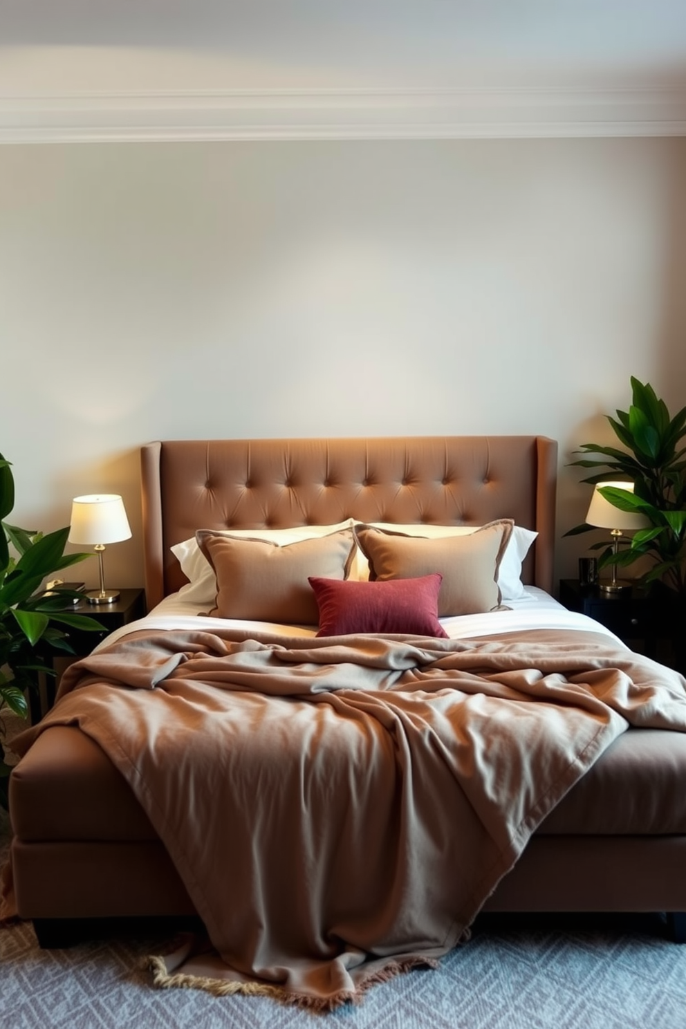 A cozy and romantic bedroom designed for couples. The space features a large upholstered bed with plush pillows and a soft throw blanket, creating an inviting atmosphere. On either side of the bed, stylish nightstands hold elegant lamps that provide warm lighting. Lush green plants are placed in the corners, adding a fresh vibe and enhancing the overall tranquility of the room.