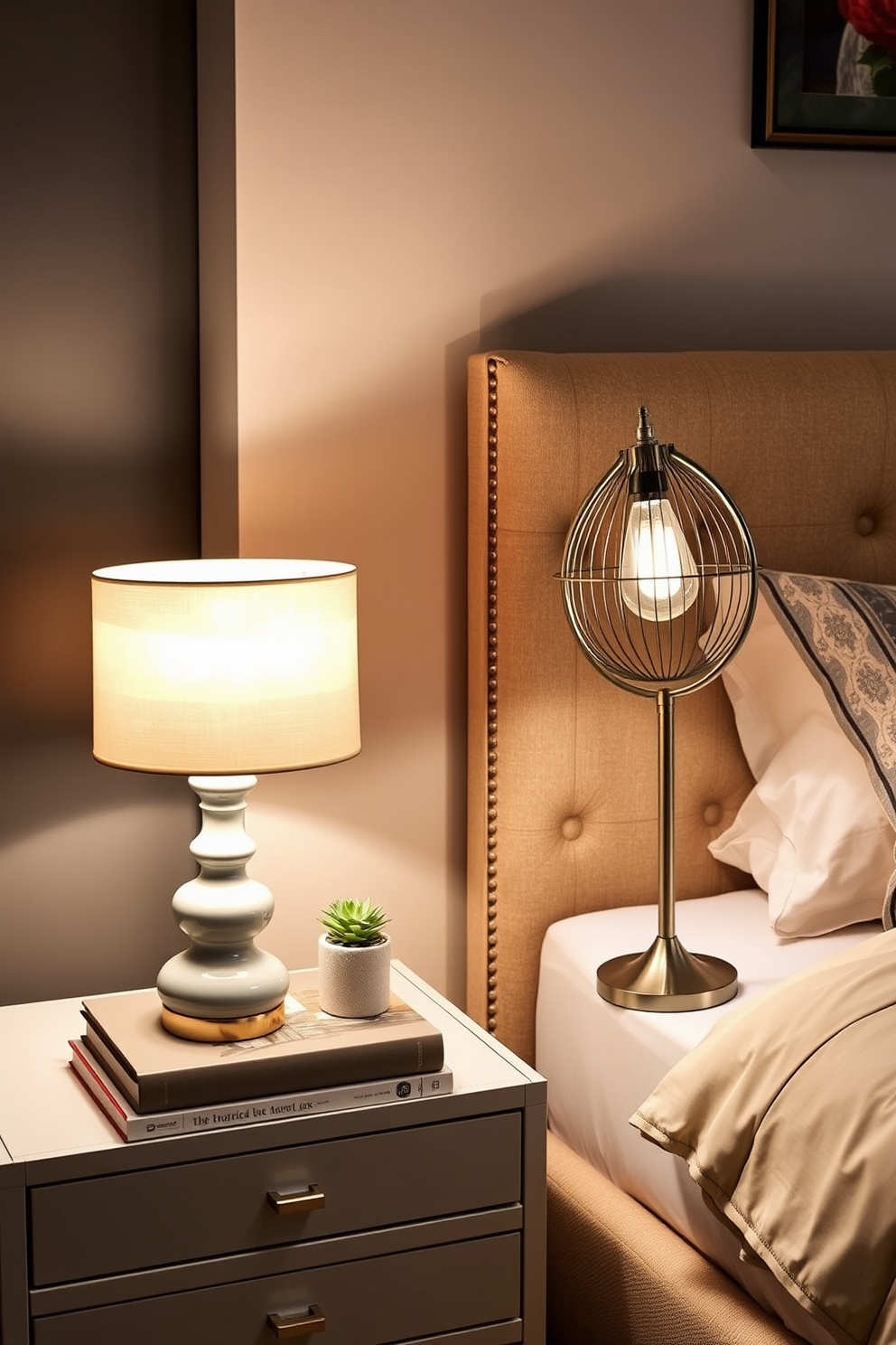 Stylish bedside lamps with soft warm lighting create a cozy atmosphere in the bedroom. Each lamp features a unique design, with one showcasing a sleek ceramic base and the other a vintage-inspired metal finish. The lamps are placed on elegant nightstands, adorned with decorative books and small potted plants. A plush headboard complements the overall aesthetic, while soft textiles in neutral tones enhance the inviting ambiance.