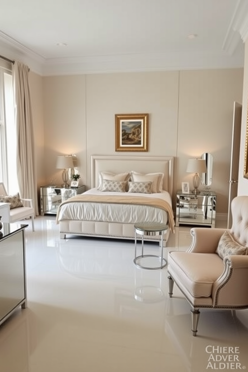 A spacious bedroom featuring mirrored furniture that reflects light and creates an airy atmosphere. The bed is adorned with plush bedding and flanked by mirrored nightstands that enhance the sense of space. A cozy seating area in the corner includes a stylish armchair and a small mirrored coffee table. Soft, ambient lighting complements the decor and adds a romantic touch for couples.