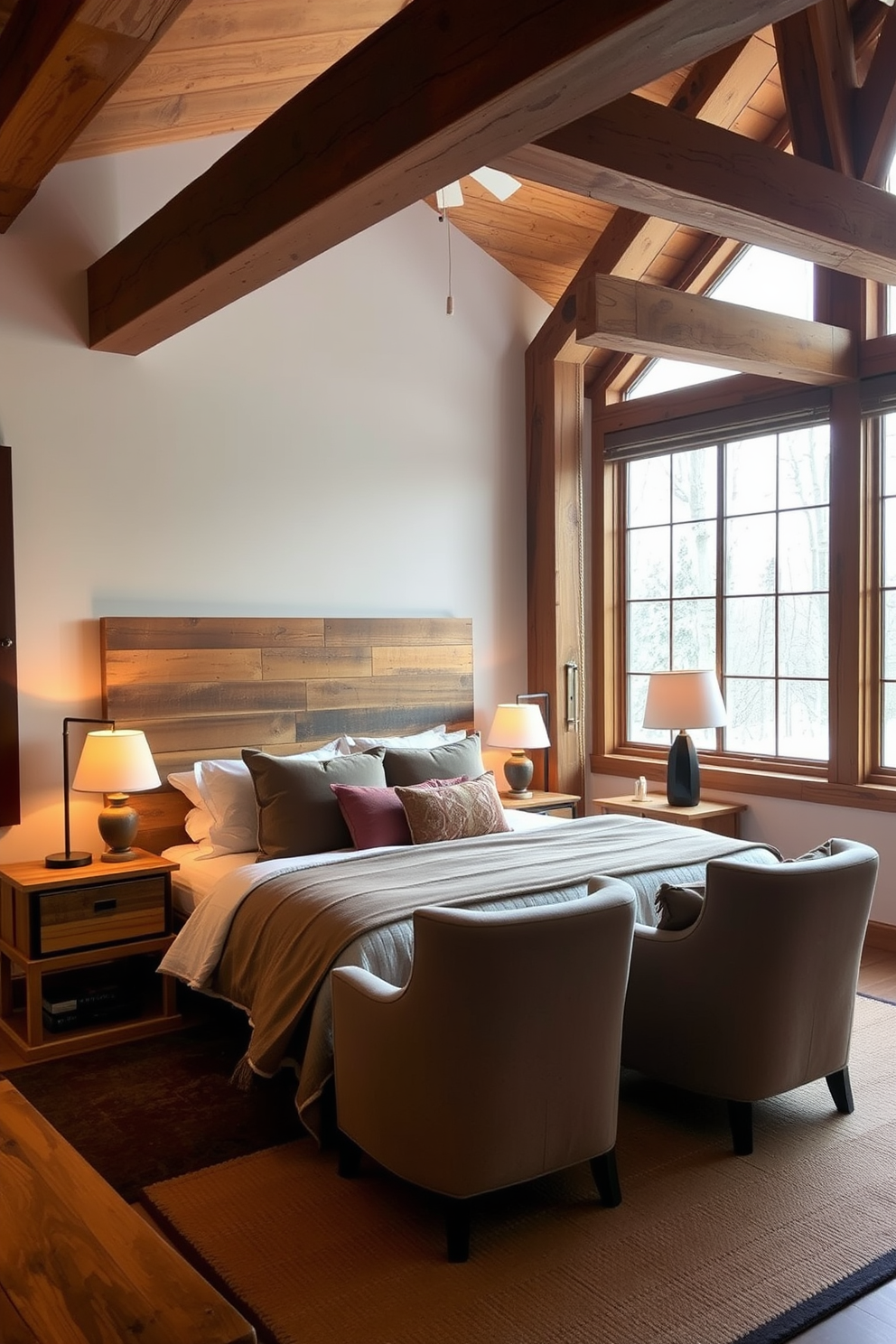 A cozy bedroom featuring rustic wood elements that create a warm and inviting atmosphere. The bed is framed with reclaimed wood and adorned with soft, neutral bedding, while wooden bedside tables hold stylish lamps. A large wooden beam runs across the ceiling, enhancing the rustic charm of the space. Natural light pours in through large windows, illuminating a comfortable seating area with plush chairs and a small wooden coffee table.