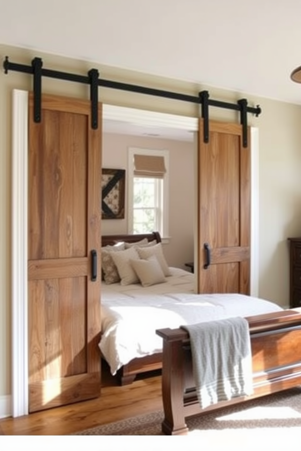 A cozy bedroom featuring sliding barn doors that add rustic charm to the space. The doors are made of reclaimed wood with a weathered finish, complementing the warm tones of the room. The bedroom is adorned with soft, neutral bedding and a wooden bed frame that enhances the rustic feel. Natural light filters in through a nearby window, illuminating the inviting atmosphere created by the sliding doors.