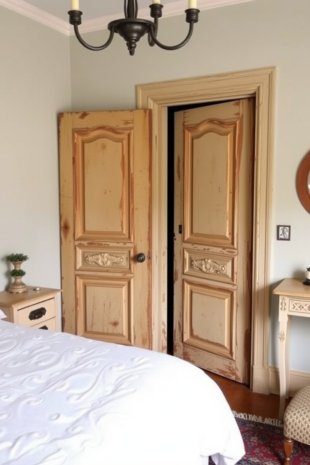 A charming bedroom featuring vintage doors that evoke a sense of nostalgia. The doors are adorned with intricate carvings and a weathered finish, adding character to the space.