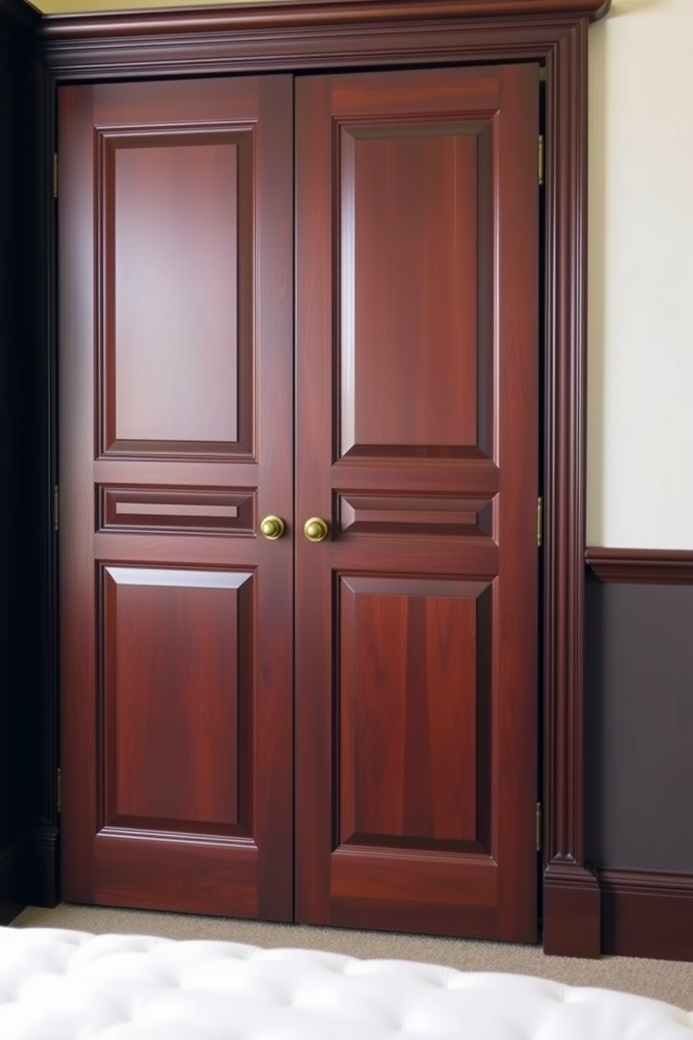 A traditional bedroom featuring elegant panelled doors that exude sophistication and charm. The doors are painted in a rich mahogany finish, complemented by antique brass hardware that enhances their classic appeal.