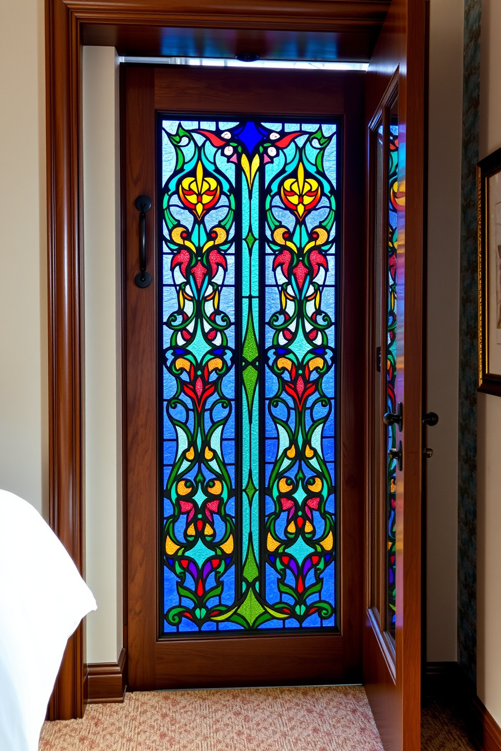 Create a stunning bedroom door design featuring intricate stained glass panels that showcase vibrant colors and artistic patterns. The door frame is crafted from rich mahogany wood, complementing the elegance of the stained glass and enhancing the overall aesthetic of the bedroom.