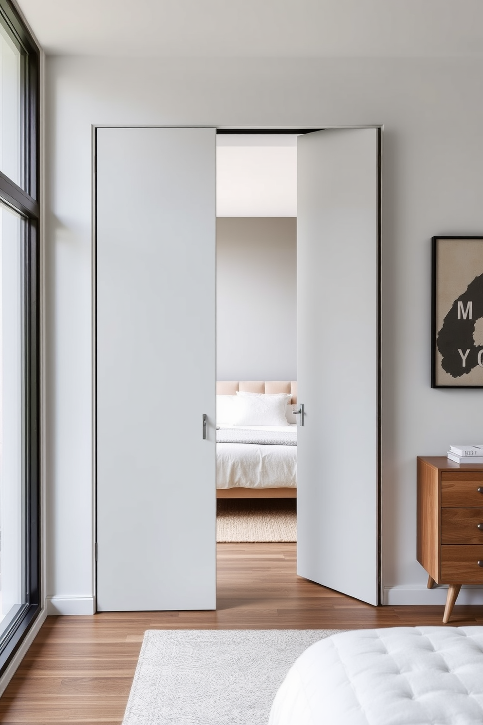 A modern bedroom featuring pocket doors that seamlessly blend into the walls. The doors are finished in a sleek white with minimalist hardware, allowing for an unobtrusive entrance. Inside the room, a cozy bed is positioned against a soft gray accent wall. Natural light floods the space through large windows, enhancing the serene atmosphere.