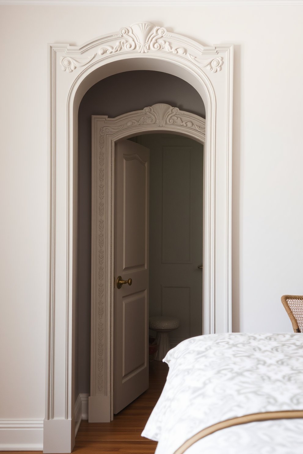 A shutter door design that embodies coastal charm features light blue wooden slats with a weathered finish. The door is adorned with decorative rope handles and is framed by white shiplap walls, creating a serene beach-inspired atmosphere. The door opens into a bright bedroom filled with natural light, complemented by soft sandy beige walls. A woven jute rug lies beneath a cozy bed dressed in crisp white linens and ocean-themed throw pillows, enhancing the coastal aesthetic.