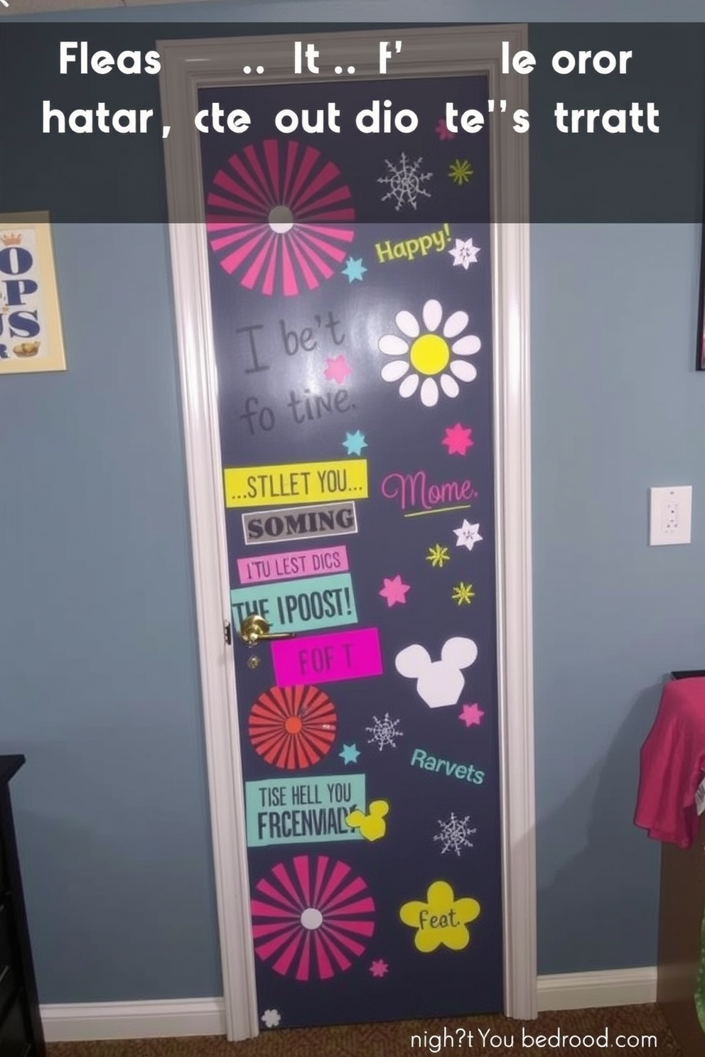 A stylish bedroom door adorned with vibrant door decals that reflect personal style and creativity. The decals feature playful patterns and designs, making the door a focal point in the room while allowing for easy customization.