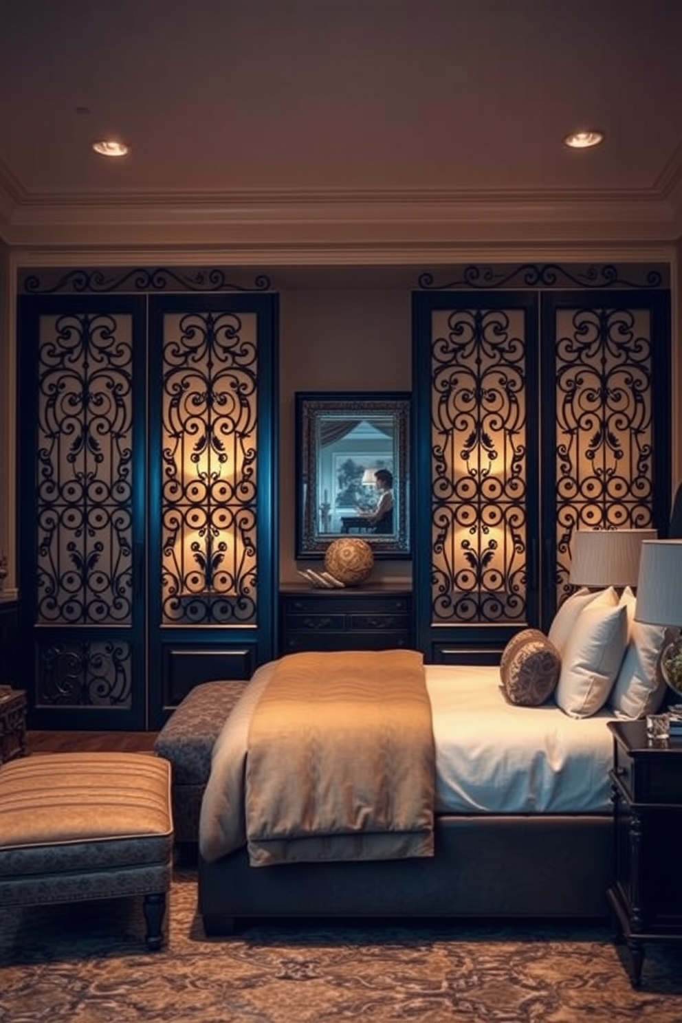 A decorative screen door enhances the unique style of a bedroom, allowing light to filter through while maintaining privacy. The design features intricate patterns that complement the overall aesthetic of the room, creating a harmonious blend of functionality and artistry.