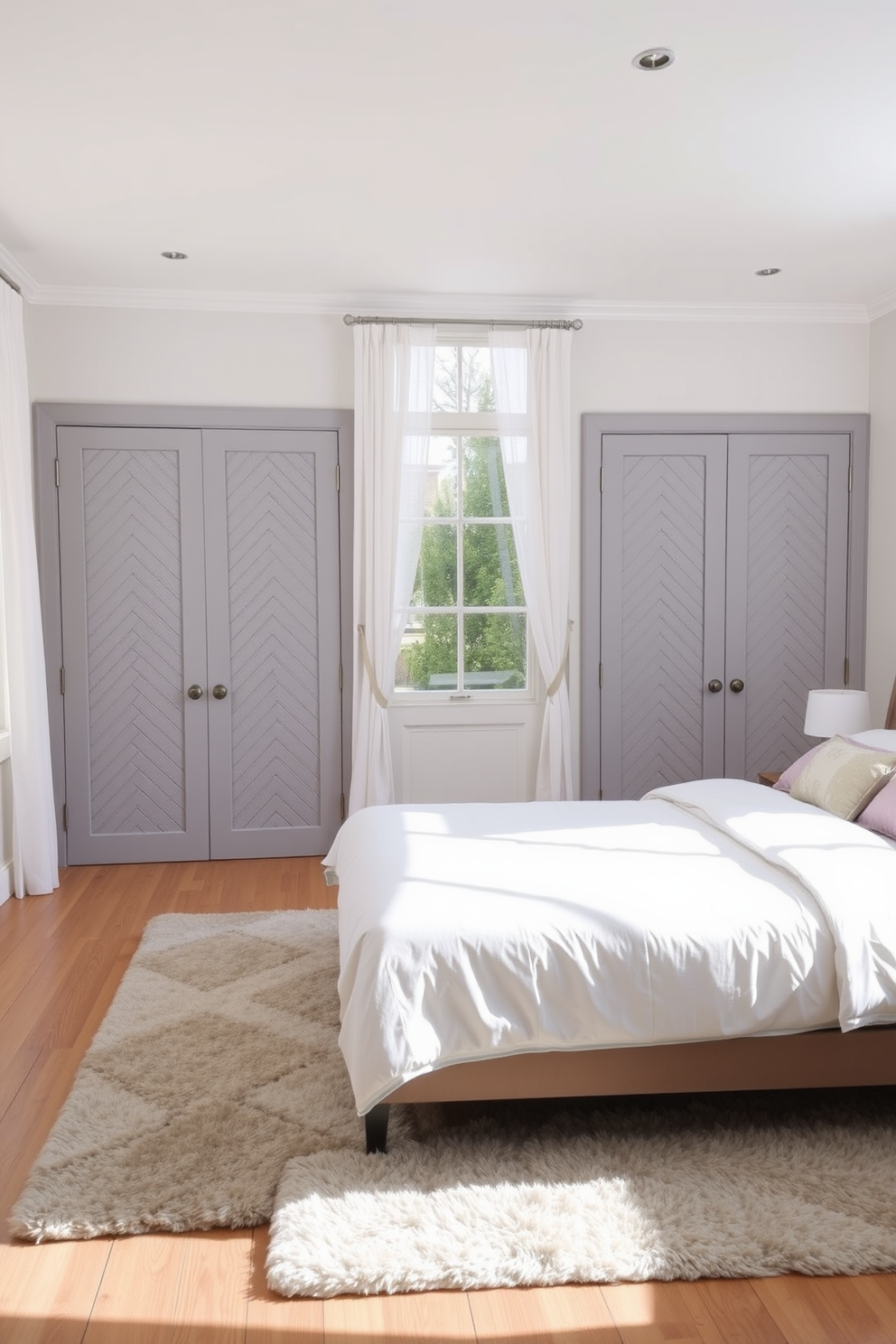 A stylish bedroom featuring chevron patterned doors that add a dynamic touch to the space. The doors are painted in a soft gray hue, seamlessly blending with the light-colored walls and hardwood flooring. Natural light floods the room through large windows adorned with sheer white curtains. A plush area rug lies beneath a modern bed, creating a cozy and inviting atmosphere.