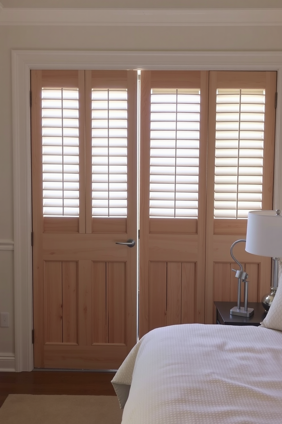 A serene bedroom featuring louvered doors that allow for ventilation while adding a touch of elegance. The doors are crafted from natural wood with a light finish, complementing the soft color palette of the room. The bedroom showcases a cozy atmosphere with a plush bed adorned with textured linens. A stylish bedside table sits next to the bed, topped with a modern lamp that enhances the overall aesthetic.