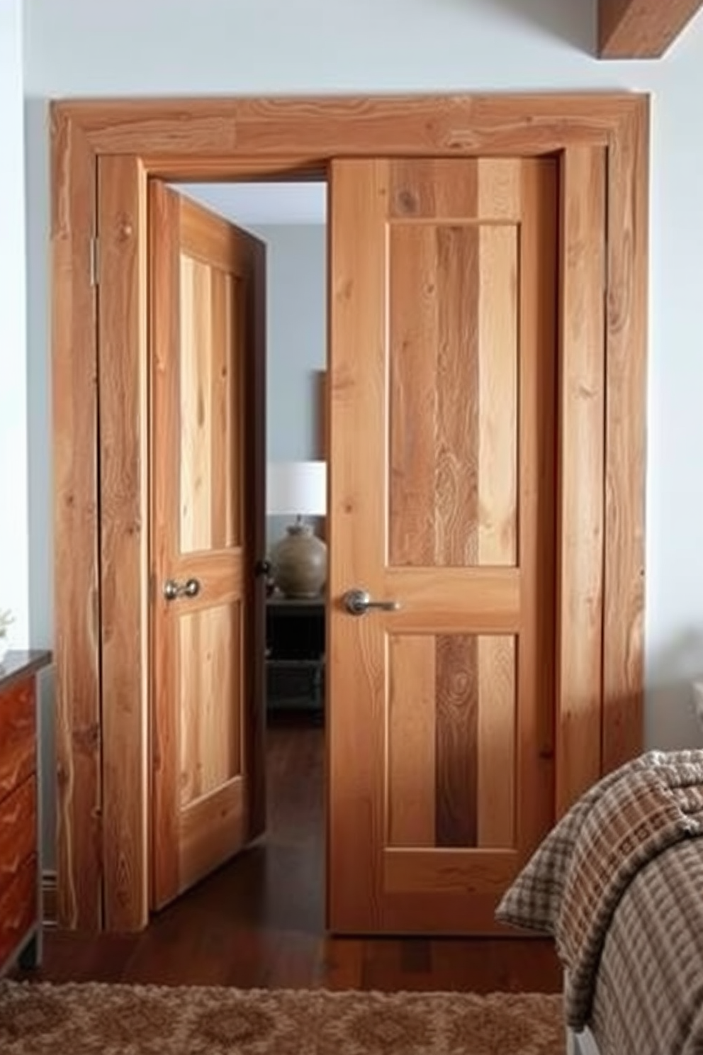 A stunning bedroom door featuring intricate latticework that adds an elegant touch to the overall design. The door is painted in a soft cream color, complemented by polished brass hardware that enhances its sophistication.