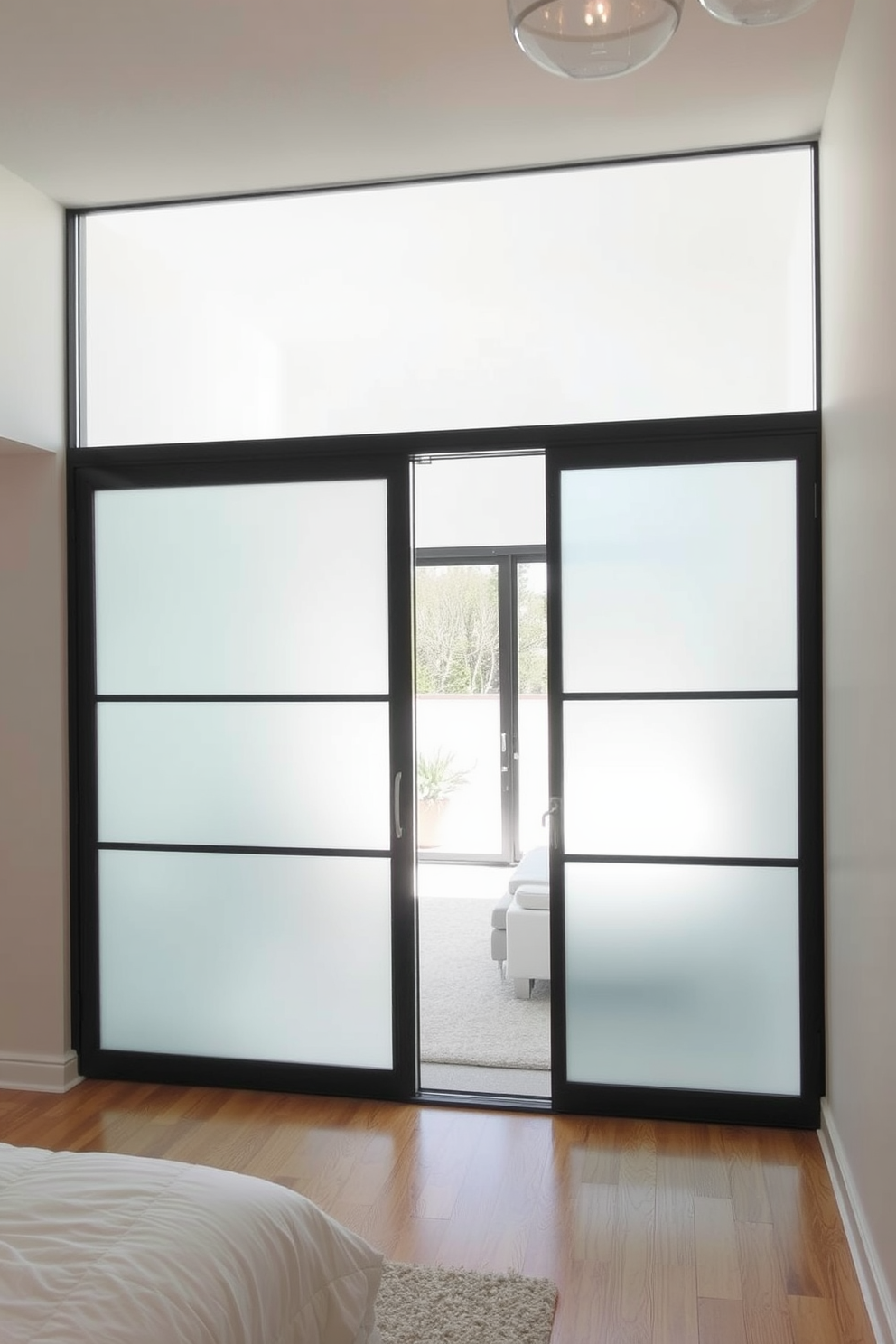 A serene bedroom featuring a transom window above the door that allows natural light to cascade into the space. The door is designed with a sleek, modern aesthetic, complemented by elegant hardware that enhances its overall appeal.