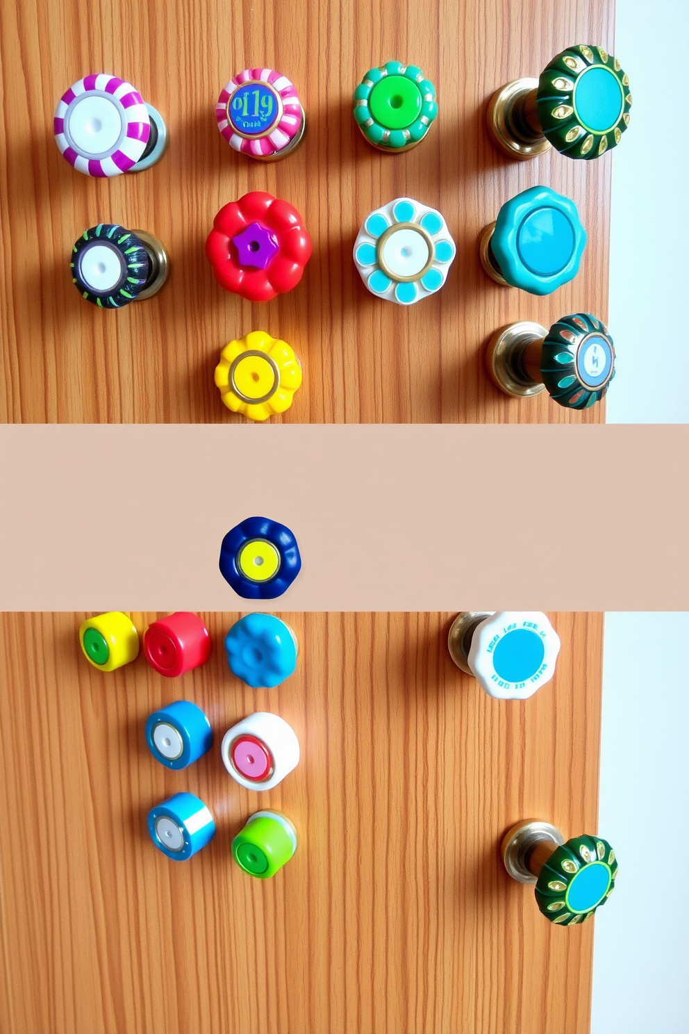 A collection of colorful door knobs is displayed, showcasing various shapes and designs that add playful accents to the bedroom decor. Each knob features vibrant colors and unique patterns, enhancing the overall aesthetic of the space. The bedroom door design incorporates a sleek wooden door with a modern finish, complemented by the cheerful door knobs. This combination creates a welcoming and fun atmosphere, perfect for personal expression in the bedroom.