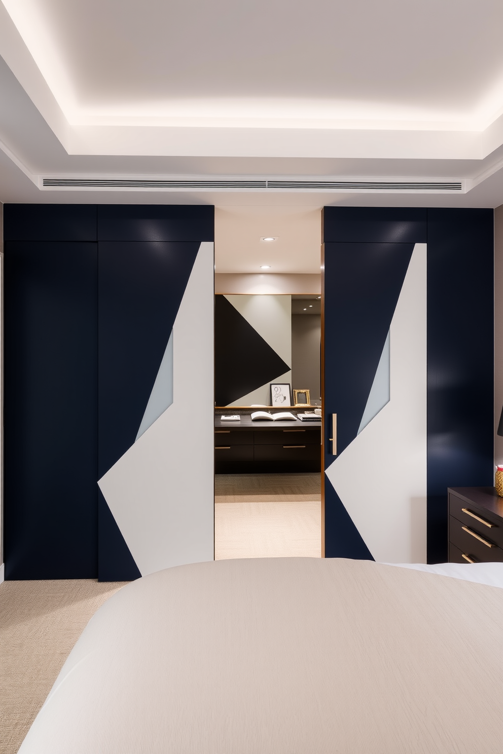 A striking bedroom featuring geometric doors that create a modern geometric flair. The doors are crafted from sleek materials with angular designs, enhancing the contemporary aesthetic of the space. The color palette includes bold contrasts, such as deep navy and crisp white, to emphasize the geometric patterns. Soft lighting fixtures highlight the unique door designs, adding warmth and sophistication to the overall ambiance.