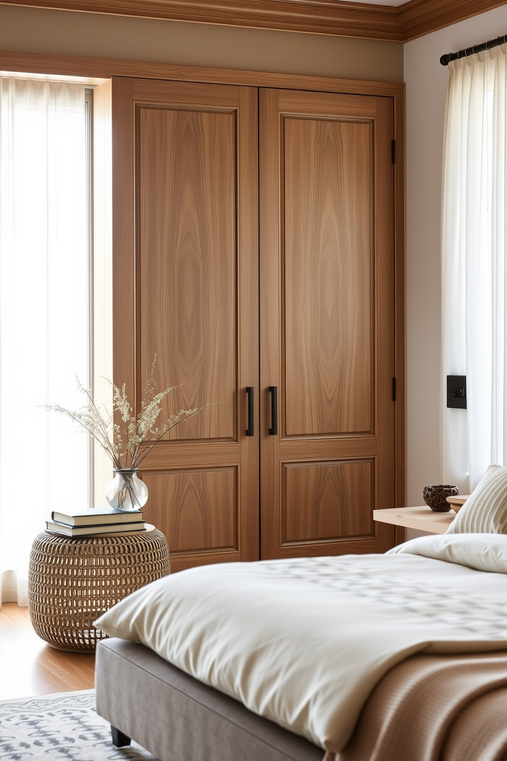 A faux leather door adds a touch of luxury and sophistication to any bedroom. The rich texture and deep color create an inviting entryway that enhances the overall design aesthetic.