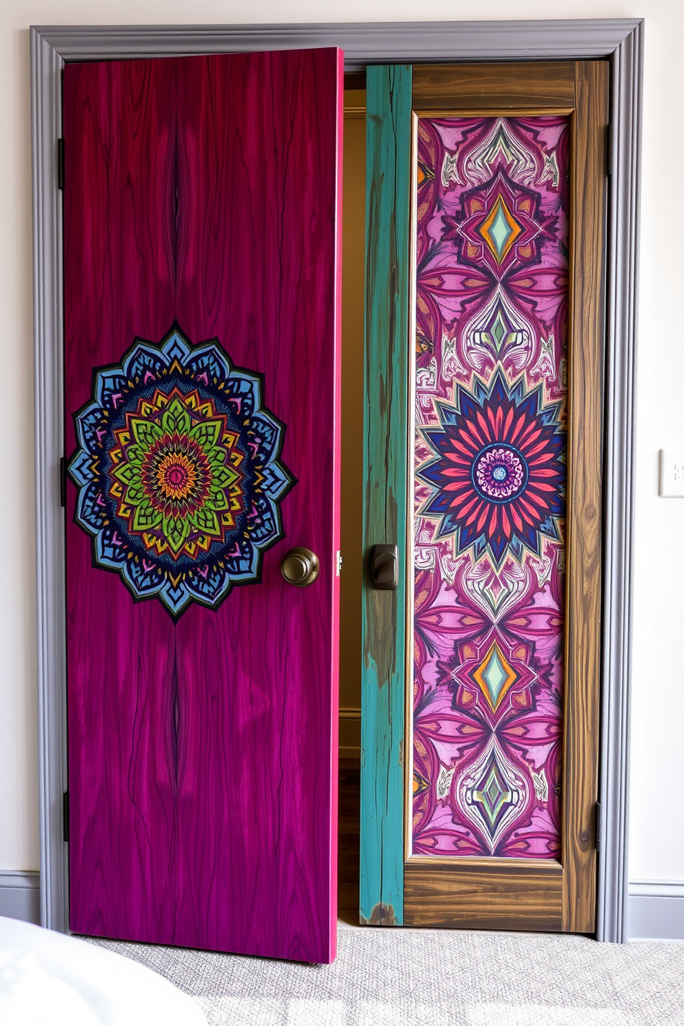 Custom artwork doors for unique expression. The doors feature vibrant colors and intricate patterns that reflect personal style and creativity. Bedroom door design ideas include a sliding barn door with a rustic finish. Alternatively, consider a sleek modern door with geometric designs that enhance the contemporary aesthetic.