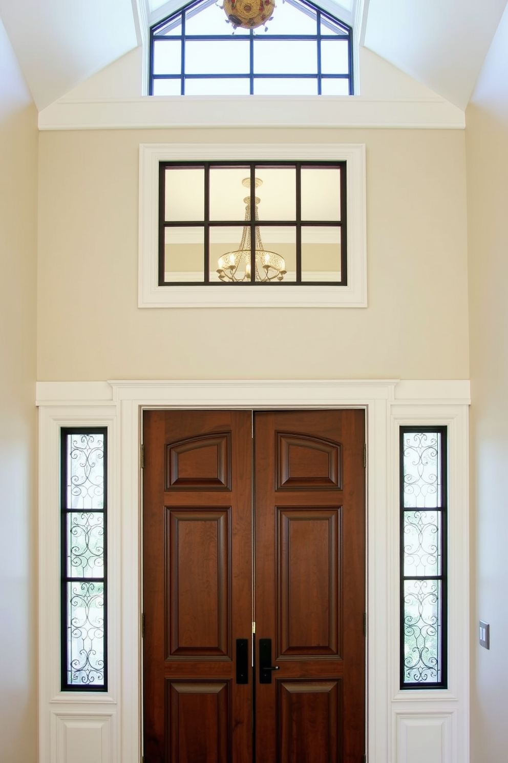 Art deco inspired door with intricate geometric patterns and a rich mahogany finish. The door features a bold brass handle and is flanked by elegant sidelights that enhance its vintage appeal.