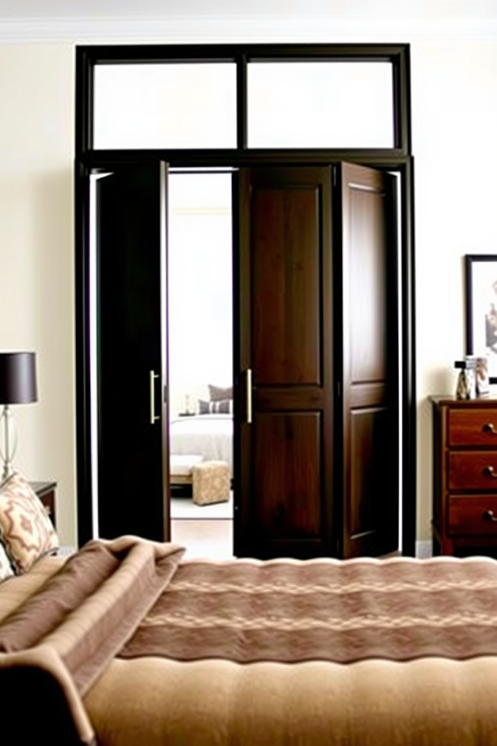 A geometric cutout door serves as a striking focal point in a contemporary bedroom. The door features intricate patterns that allow light to filter through while maintaining privacy, enhancing the overall aesthetic of the space. The surrounding walls are painted in a soft neutral tone to complement the bold design of the door. Sleek hardware in a matte black finish adds a modern touch, creating a cohesive look with other bedroom elements.