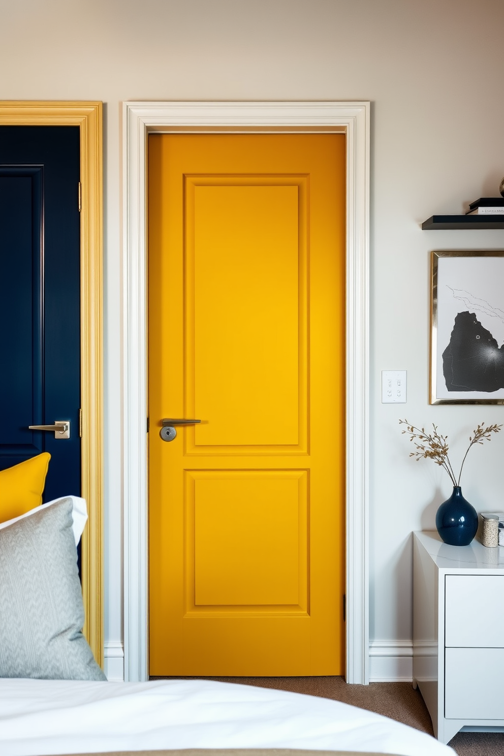 A striking bedroom features bold color doors that create a vibrant focal point in the space. The doors are painted in a rich navy blue and a bright mustard yellow, contrasting beautifully with the soft neutral walls. Each door is adorned with sleek, modern handles that enhance their contemporary appeal. The surrounding decor is minimalistic, allowing the doors to stand out as a statement piece in the overall design.