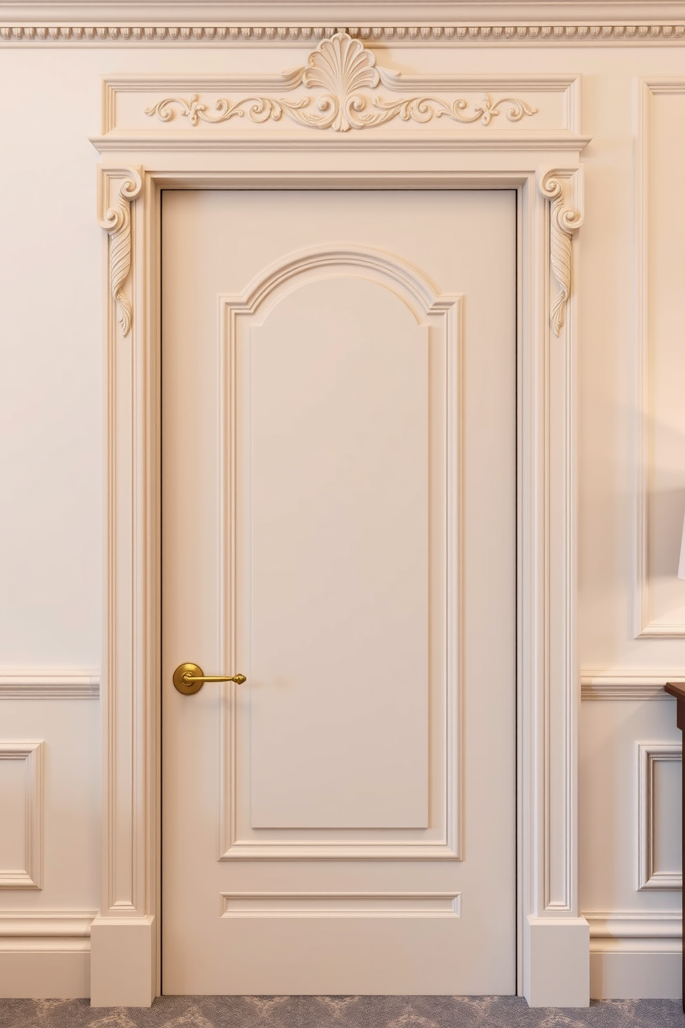 A luxurious bedroom door design featuring intricate decorative molding that enhances the elegance of the space. The door is painted in a soft neutral color, complemented by a polished brass handle that adds a touch of sophistication.