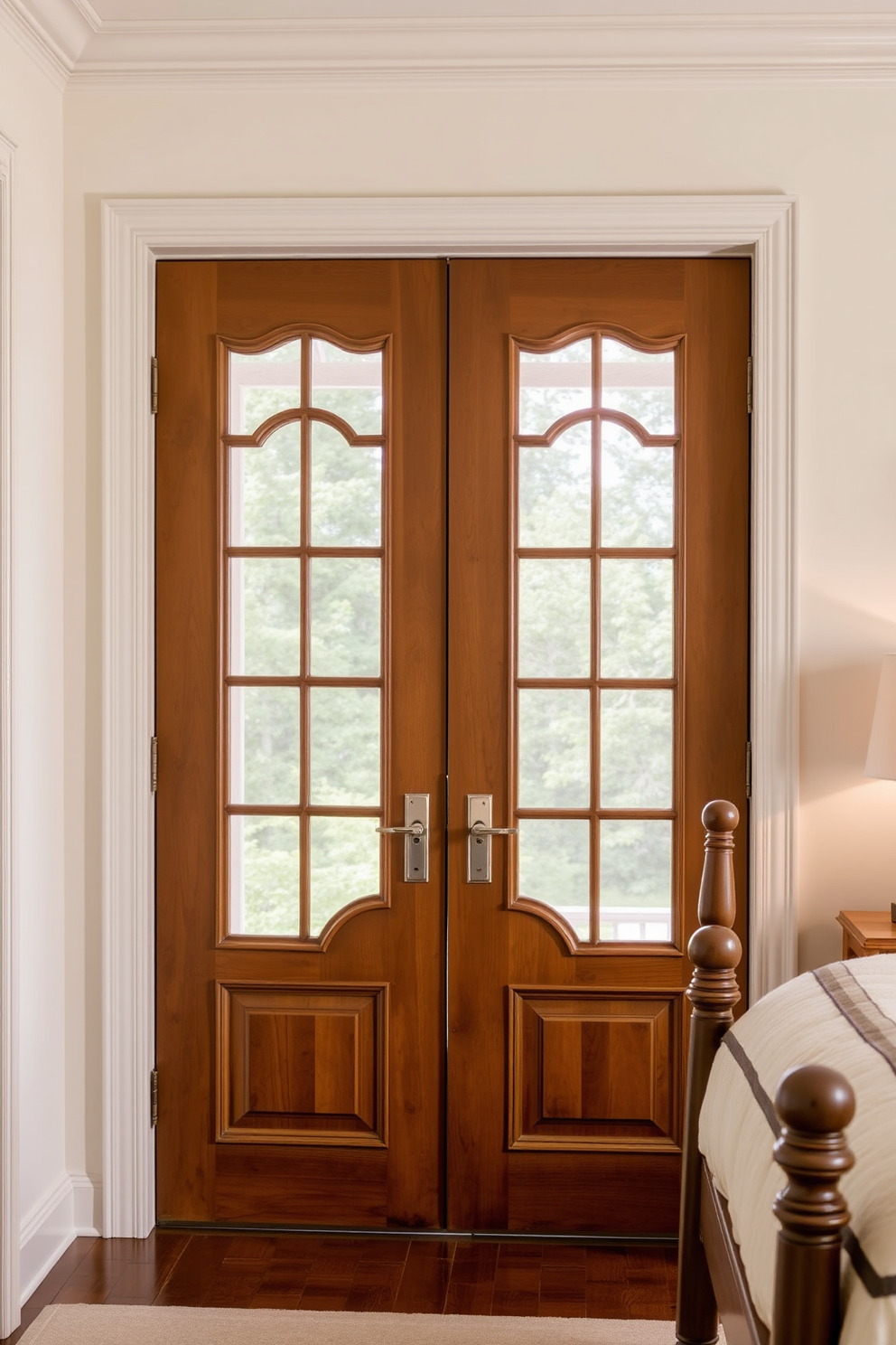 Classic French doors for timeless appeal. The doors feature elegant glass panes framed in rich wood, allowing natural light to fill the space while providing a seamless connection to the outdoors. The design includes intricate detailing on the door frames, enhancing the overall aesthetic with a touch of sophistication. Soft, muted colors complement the decor of the bedroom, creating a serene and inviting atmosphere.