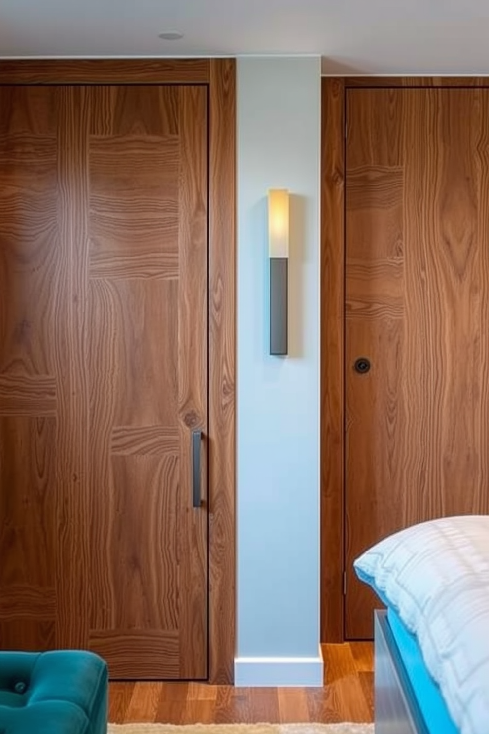 A beautifully designed bedroom featuring a mirrored door that enhances natural light reflection throughout the space. The door is framed with elegant molding, complementing the soft color palette of the room. The mirrored surface creates an illusion of more space, making the bedroom feel airy and open. Subtle lighting fixtures above the door add a warm glow, enhancing the overall ambiance of the room.