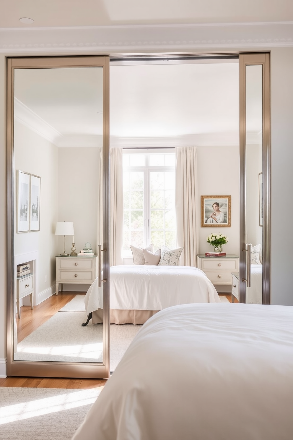 A serene bedroom featuring mirrored doors that reflect natural light, creating an airy and spacious atmosphere. The doors are framed in a sleek metallic finish, harmonizing with soft pastel wall colors and elegant decor. The room is adorned with a plush bed dressed in luxurious linens, complemented by stylish bedside tables. A cozy reading nook is positioned near the window, inviting relaxation and tranquility.