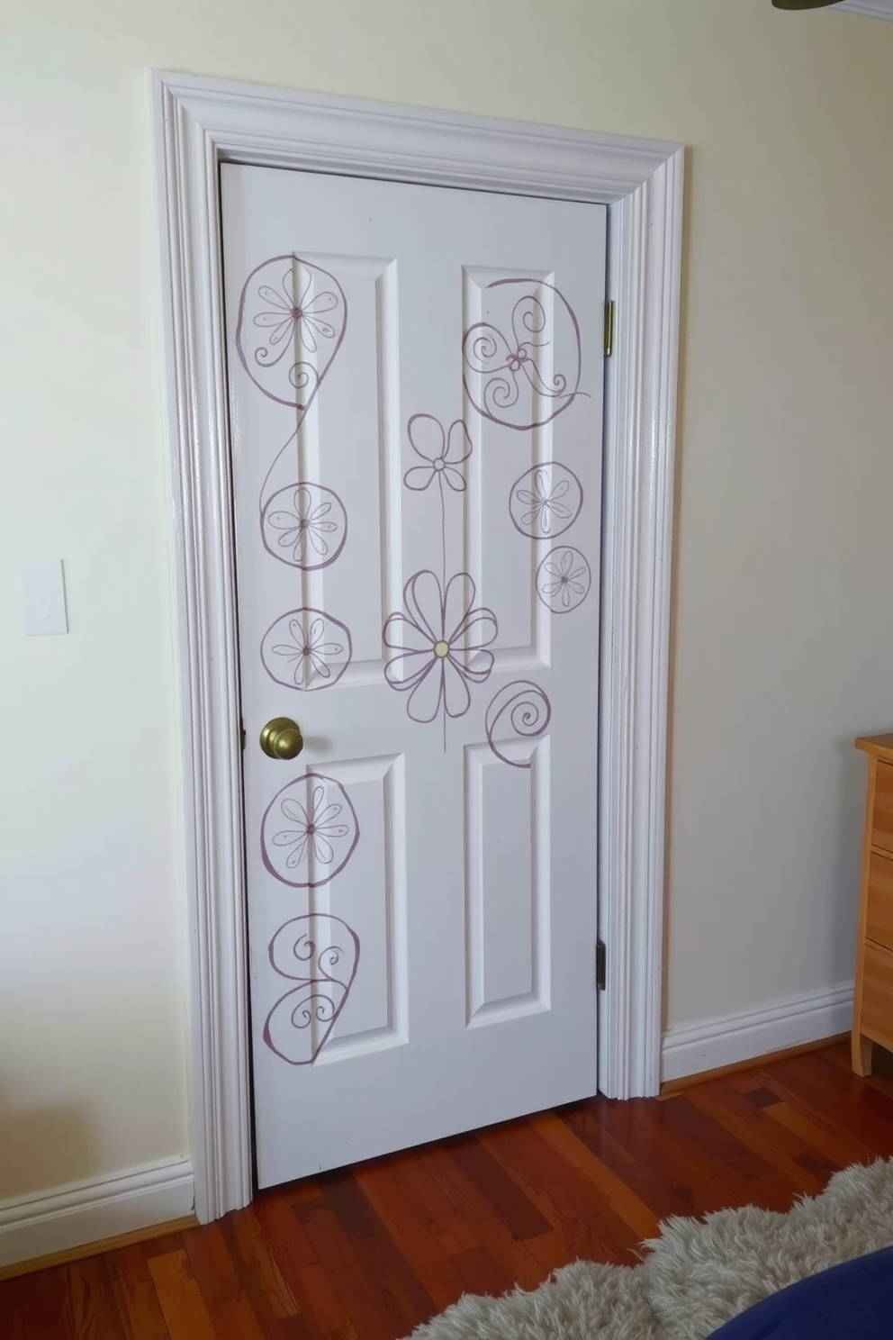 A cozy bedroom featuring a unique door design. The door is adorned with intricate painted patterns that add a personalized flair to the space. The walls are a soft pastel color, complementing the artistic door. A plush area rug lies on the hardwood floor, enhancing the warmth of the room.