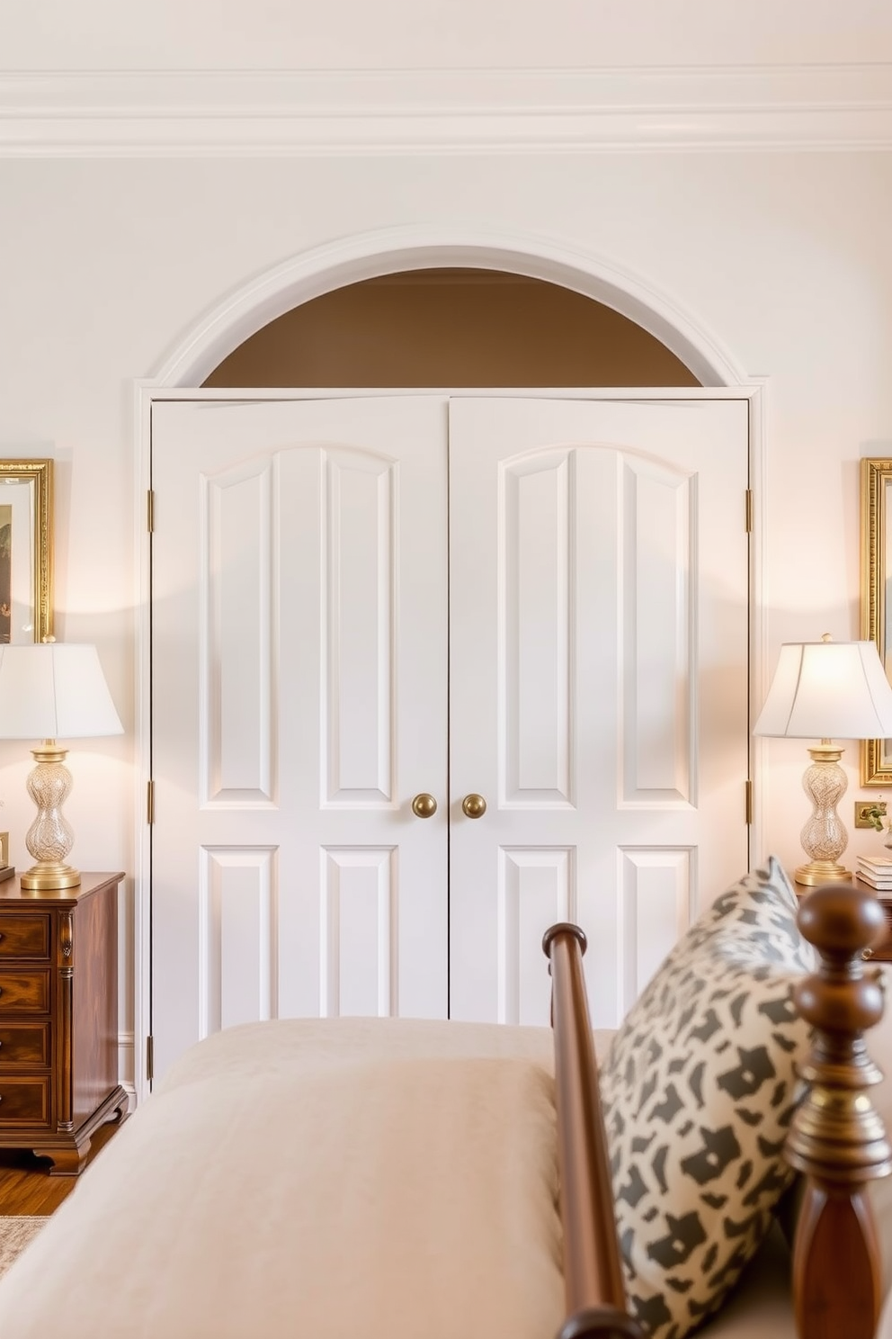 Create a serene bedroom setting featuring arched top doors that add architectural interest. The doors are painted in a soft white hue, contrasting beautifully with the warm wooden tones of the surrounding decor. Incorporate elegant hardware with a brushed gold finish to enhance the overall aesthetic. Soft, ambient lighting from bedside lamps casts a warm glow, creating a cozy atmosphere.