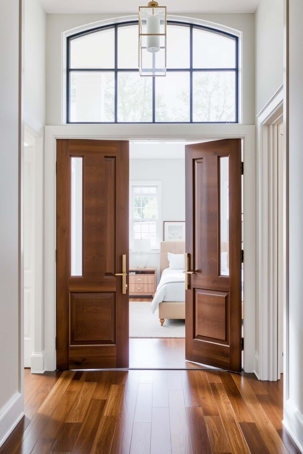 A grand entryway with double doors creates an inviting atmosphere. The doors are framed by elegant sidelights that allow natural light to flood the space. The bedroom features a stylish door design that complements the overall decor. It incorporates a sleek modern aesthetic with a rich wood finish and minimalistic hardware.