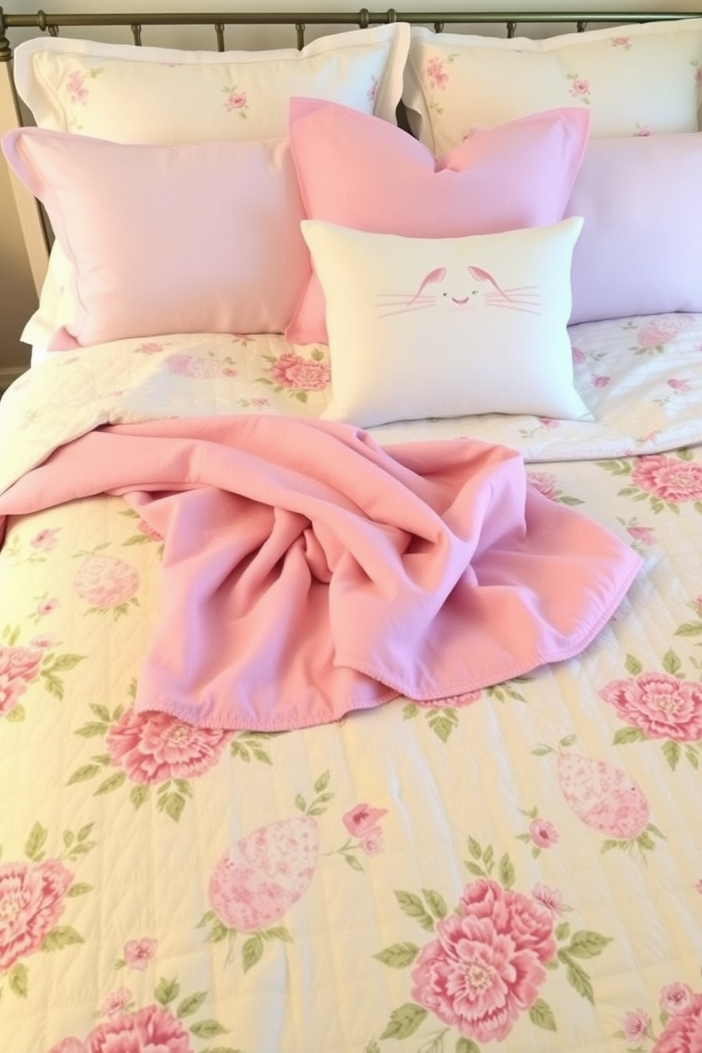 Create a cozy bedroom setting featuring Easter themed bedding in soft pastel colors. The bed is adorned with a quilted coverlet showcasing floral patterns, complemented by decorative pillows in shades of pink, lavender, and mint green.