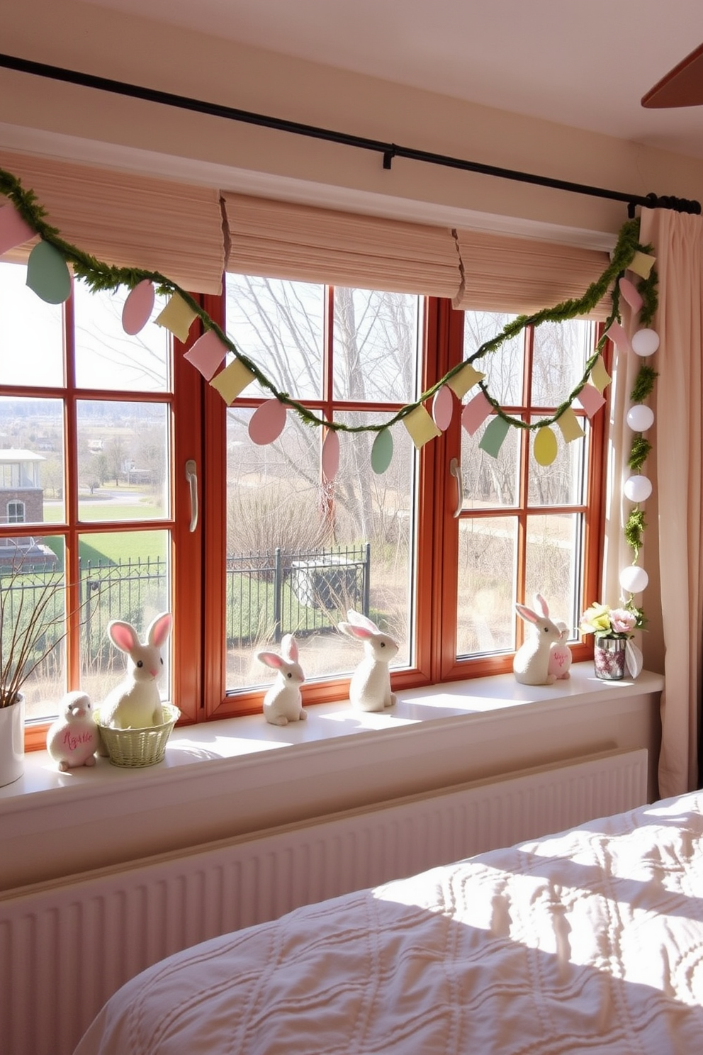 Soft bunny figurines are placed on the window sills, adding a whimsical touch to the room. The bedroom is adorned with pastel-colored decorations, creating a cheerful and inviting atmosphere for Easter.