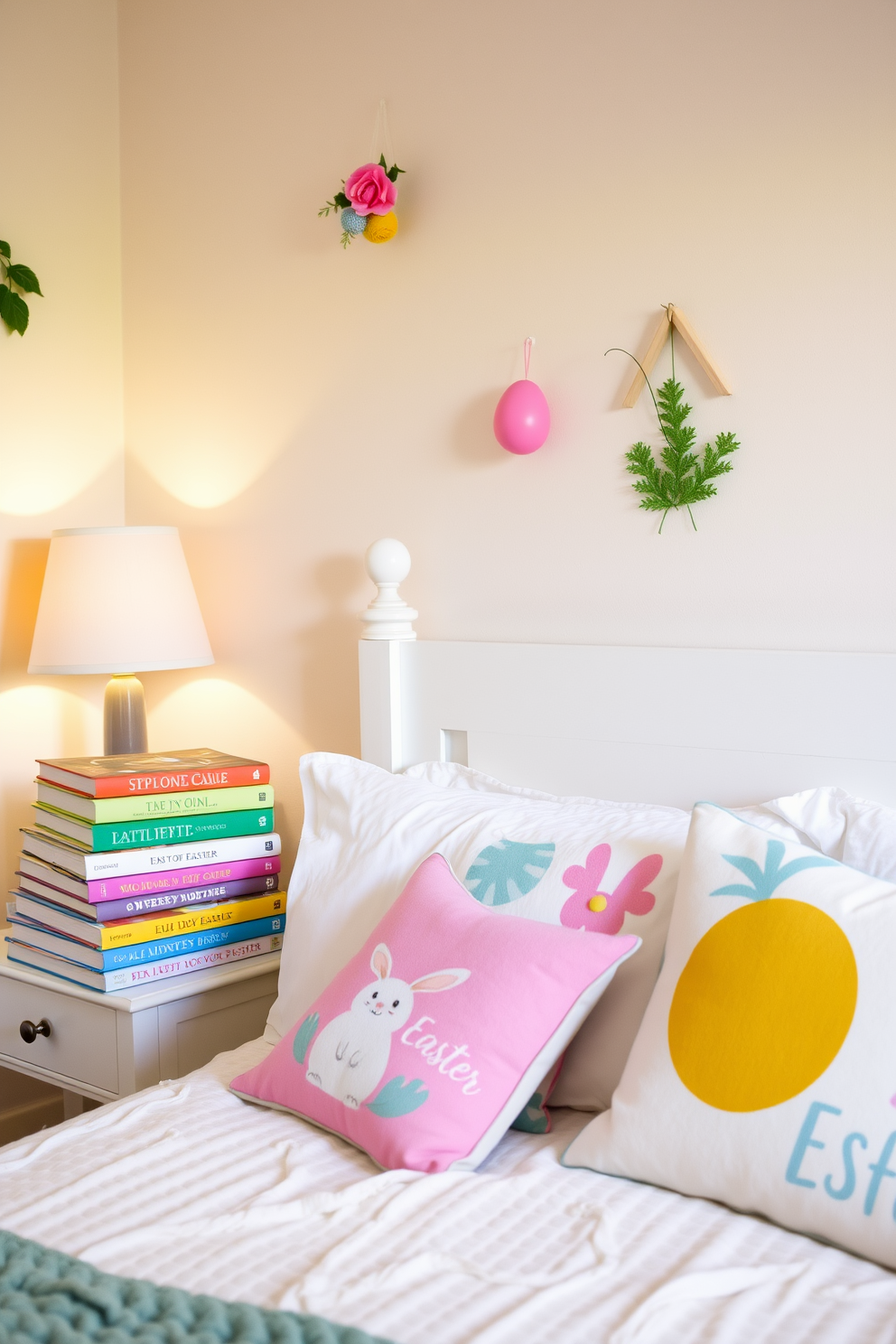 A cozy bedroom setting adorned with Easter-themed decorations. A stack of colorful Easter books is arranged artfully on a bedside table next to a soft lamp. The walls are painted in a gentle pastel hue, creating a serene atmosphere. Plush pillows featuring Easter motifs are scattered across the bed, inviting relaxation and festive cheer.