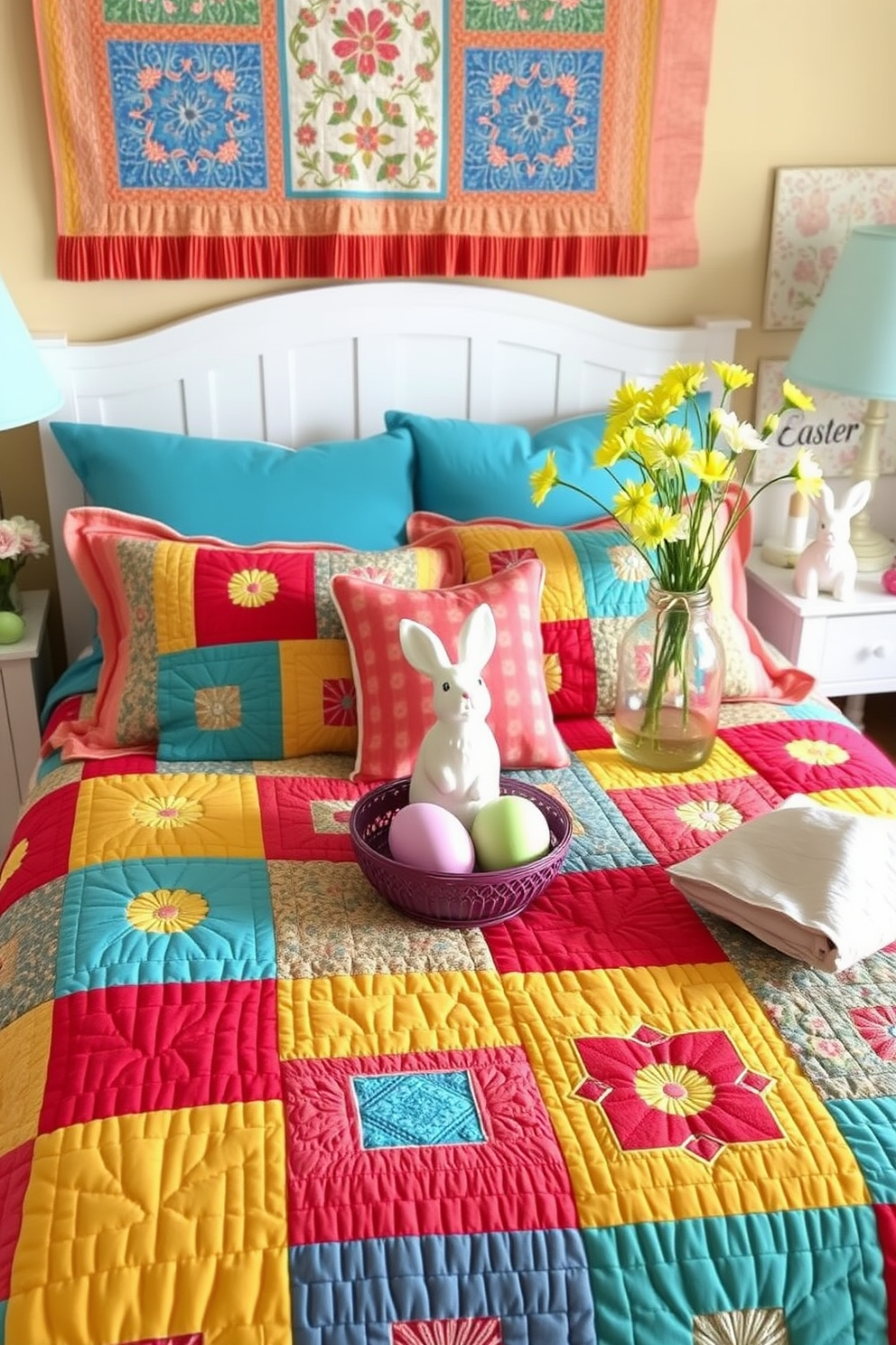 Create a vibrant bedroom setting filled with colorful quilts that bring a cheerful and inviting atmosphere. The bed is adorned with a patchwork quilt featuring bright hues of red, blue, and yellow, complemented by matching decorative pillows. Incorporate Easter-themed decorations such as pastel-colored eggs and bunny figurines placed on the nightstands. Fresh spring flowers in a vase add a lively touch to the room, enhancing the festive and joyful ambiance.