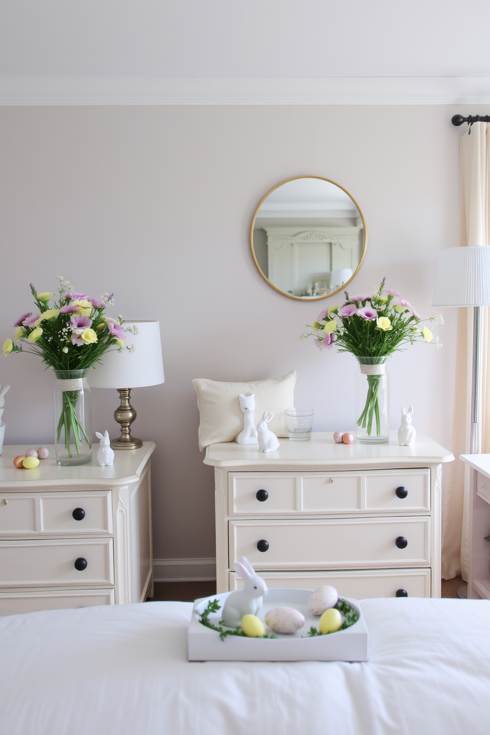 A serene bedroom setting decorated for Easter. Fresh flowers in elegant vases adorn the dressers, adding a touch of spring vibrancy to the room. Soft pastel colors dominate the decor, with accents of lavender and pale yellow throughout. Easter-themed decorations, such as subtle bunny figurines and decorative eggs, enhance the festive atmosphere.