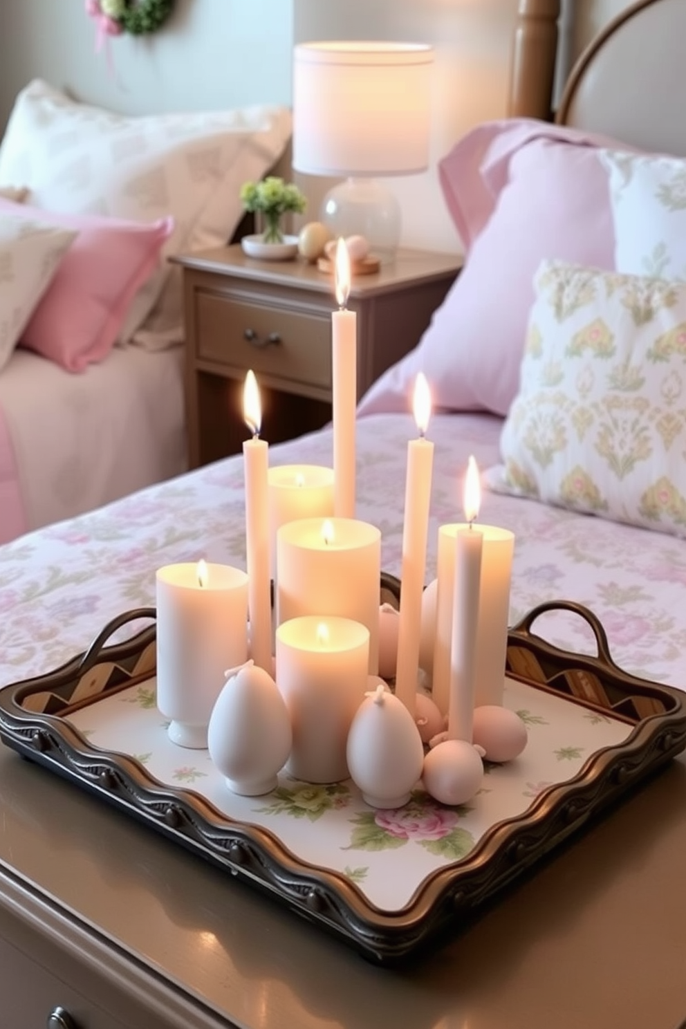 Easter themed candles are arranged on a decorative tray placed on a bedside table. The soft glow of the candles enhances the pastel colors of the bedding and Easter decorations in the room.