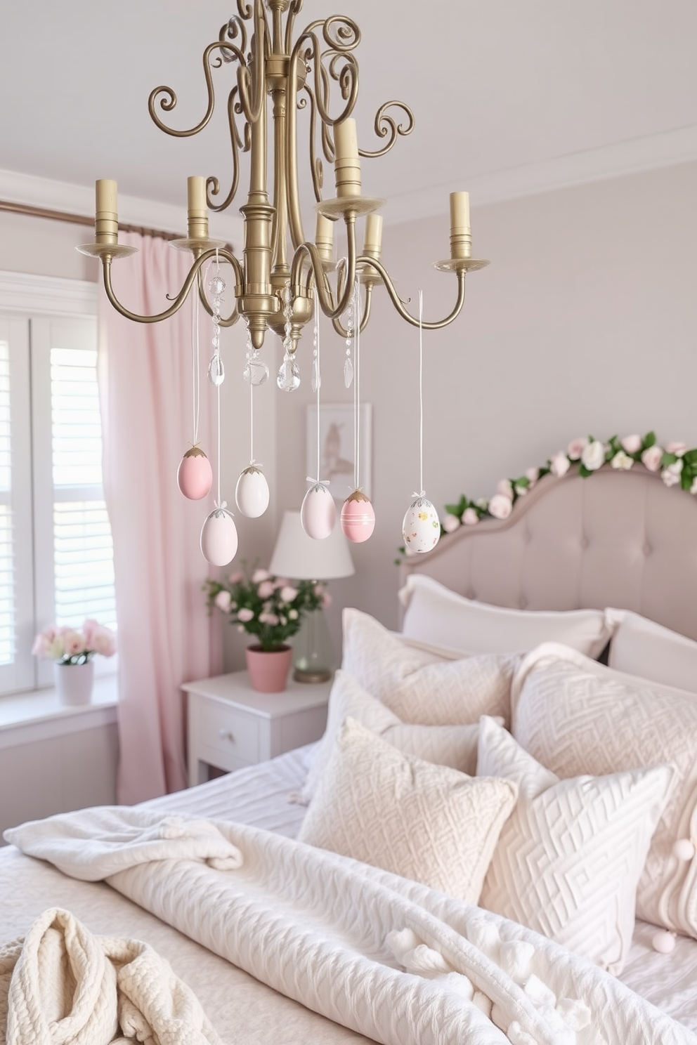 A whimsical bedroom setting adorned with soft fairy lights draped across the headboard creating a warm and inviting glow. The bed is dressed in pastel-colored linens and surrounded by decorative Easter-themed accents like painted eggs and floral arrangements.