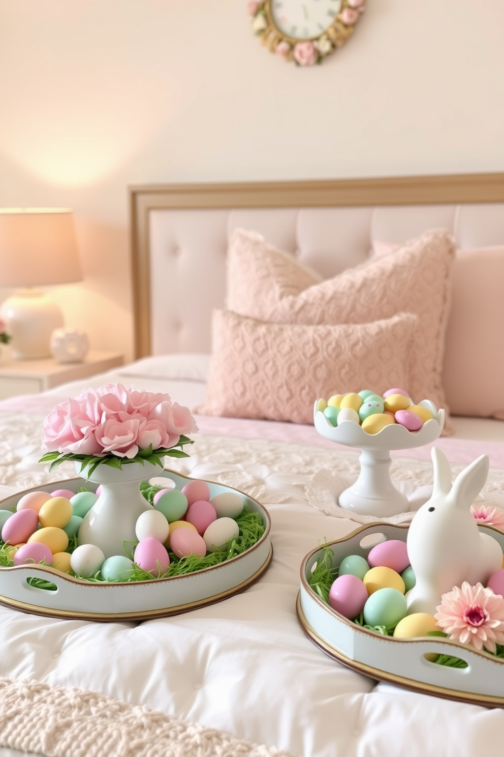 A beautifully arranged bedroom featuring decorative trays filled with an assortment of colorful Easter treats. The soft pastel colors of the decor create a cheerful and inviting atmosphere, with floral accents enhancing the festive theme.