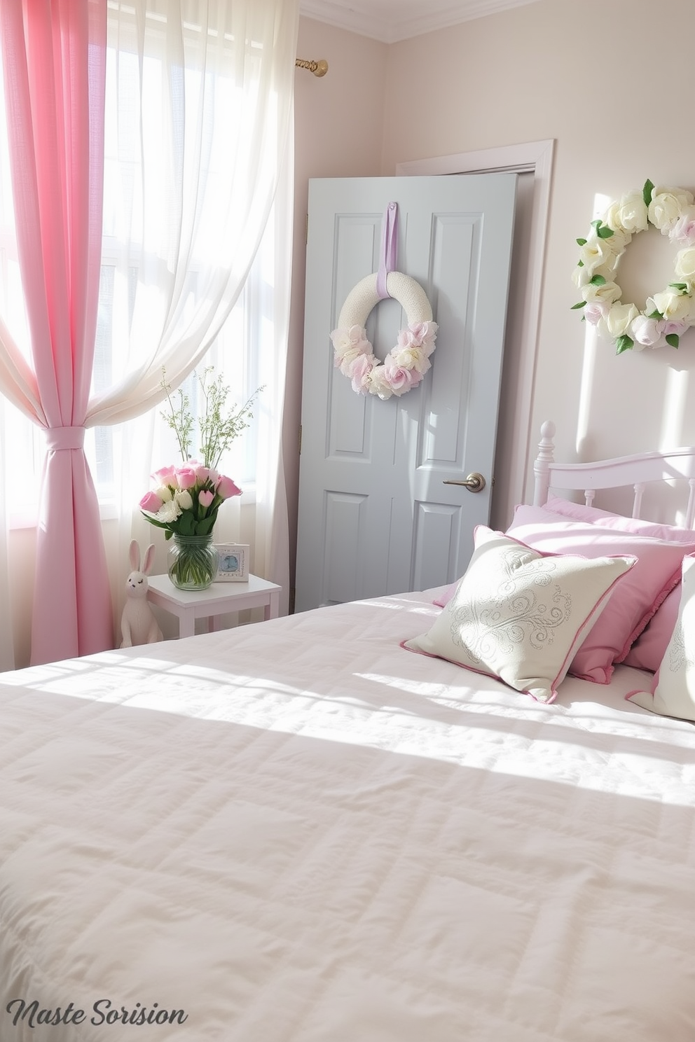 A cozy bedroom adorned with pastel curtains that gently filter sunlight, creating a soft and inviting atmosphere. The room features a neatly made bed with a light-colored duvet, accented by decorative pillows in shades of pink, lavender, and mint green. Easter decorations are tastefully arranged throughout the space, including a charming bunny figurine on the bedside table and a pastel-colored wreath hanging on the door. Fresh flowers in a vase add a touch of spring, complementing the overall cheerful and festive ambiance.