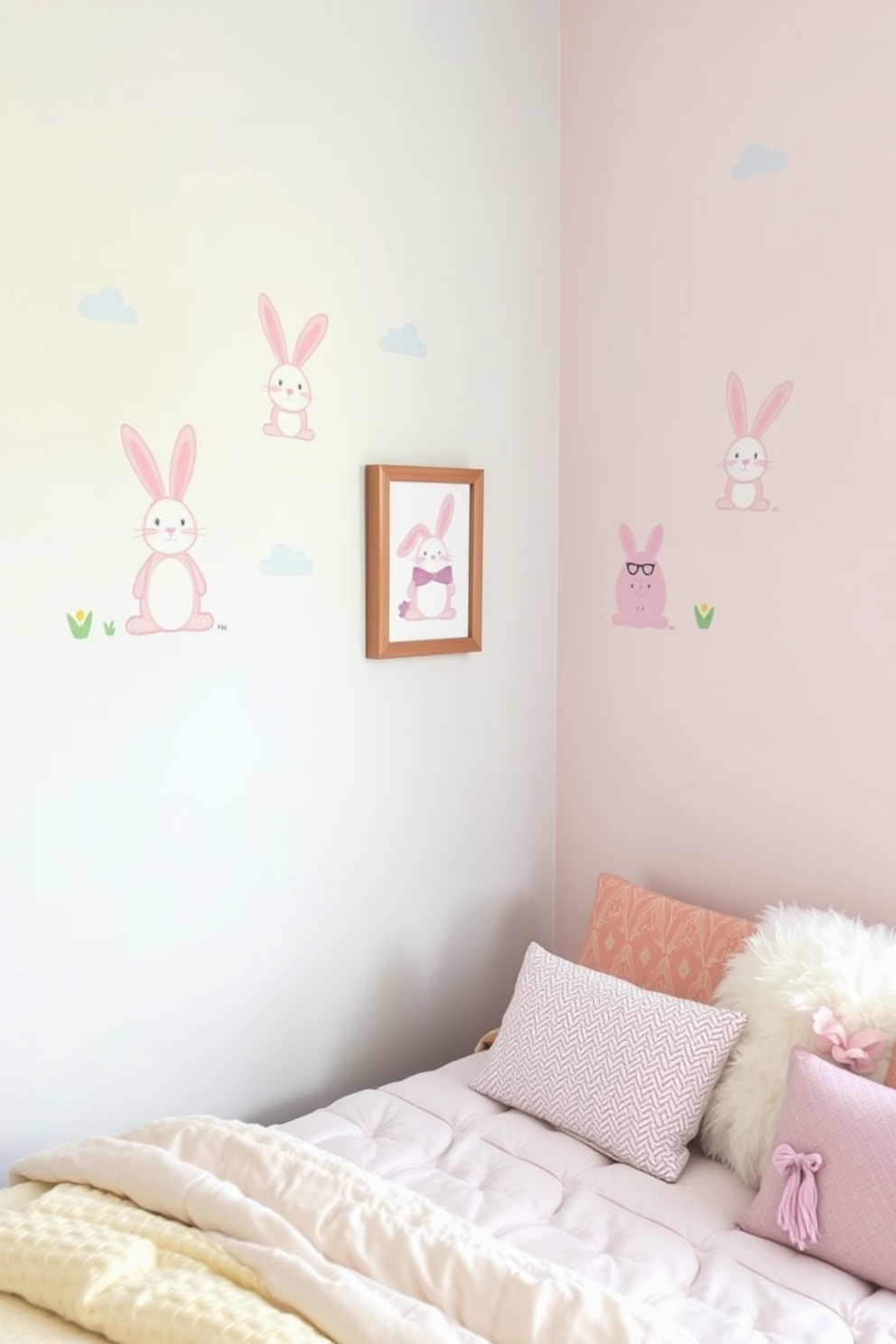 Create a playful bedroom setting featuring bunny themed wall decals that add a whimsical touch to the decor. The walls are painted in soft pastel colors, and a cozy bed with fluffy pillows is positioned against one side, inviting a cheerful atmosphere for Easter celebrations.