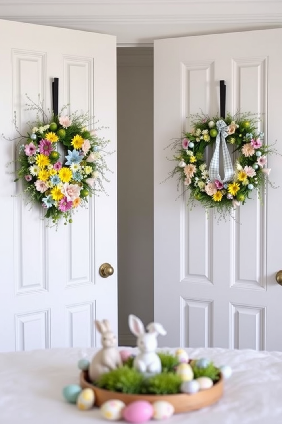 Floral wreaths adorn the bedroom doors, bringing a touch of nature indoors. Each wreath features a vibrant mix of seasonal blooms, creating a cheerful and welcoming atmosphere. For Easter decorating ideas, pastel colors dominate the room, with soft pinks, blues, and yellows enhancing the decor. Delicate bunny figurines and egg arrangements complement the floral accents, celebrating the spirit of the holiday.