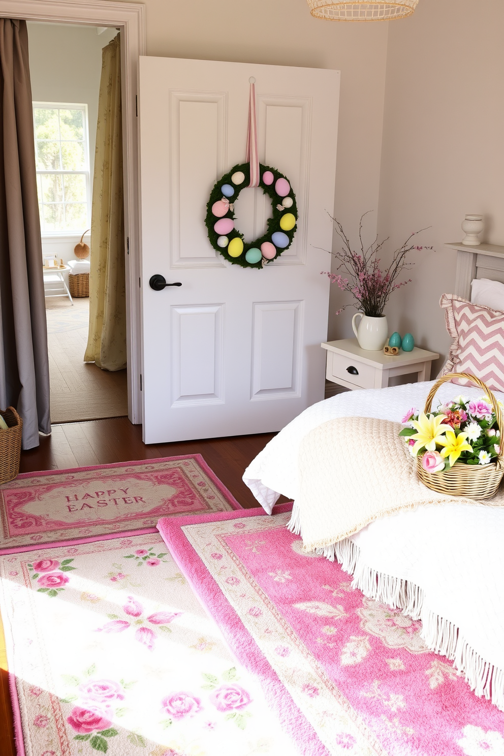 A cozy bedroom adorned with layered rugs in soft spring colors. The rugs feature floral patterns and pastel shades, creating a vibrant yet serene atmosphere. Brightly colored Easter decorations are tastefully arranged throughout the room. A cheerful wreath made of pastel eggs hangs on the door, and a small basket filled with seasonal flowers sits on the bedside table.