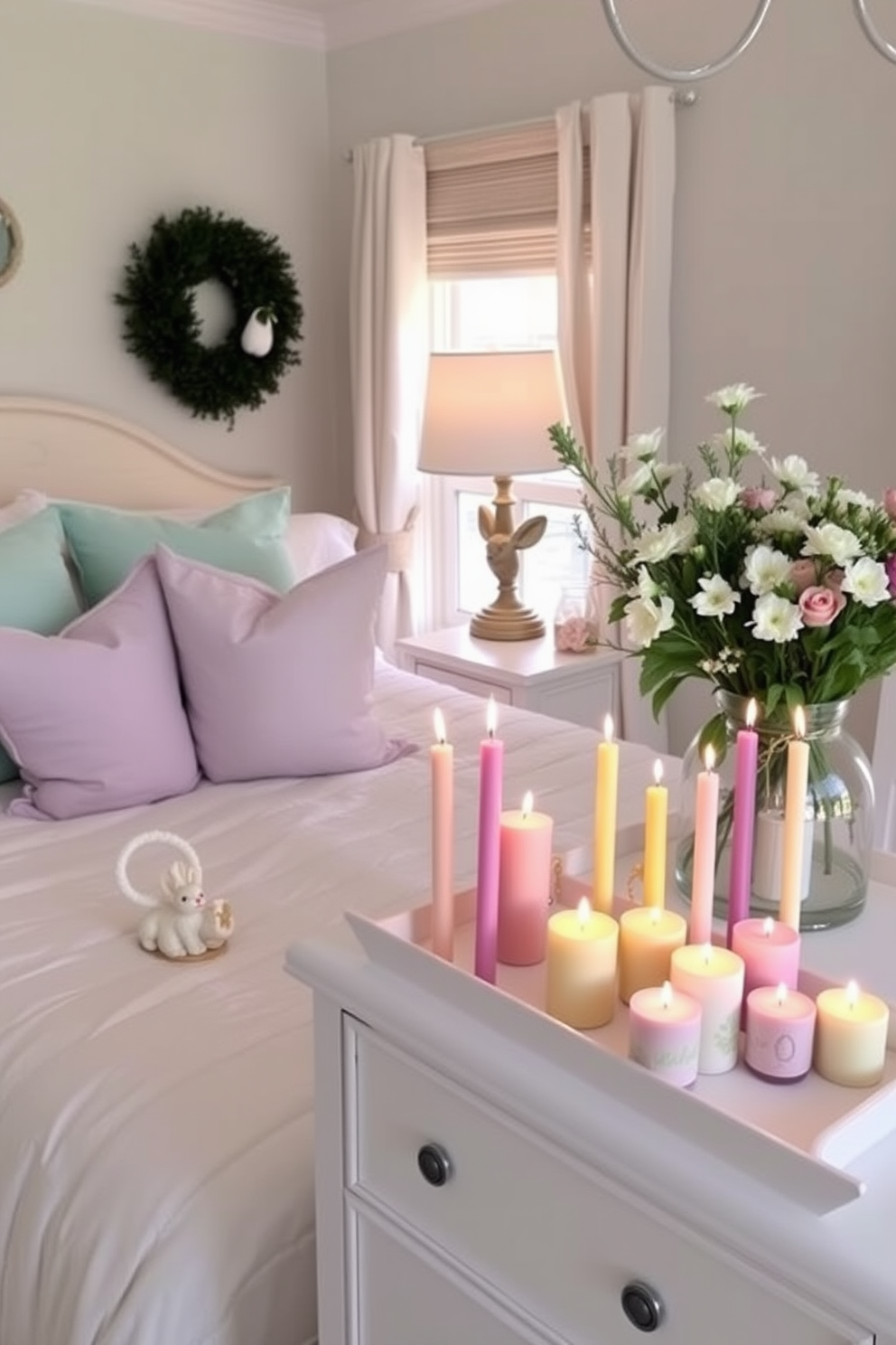 A cozy bedroom adorned with pastel Easter decorations. Soft lavender and mint green pillows are arranged on a plush white duvet, complemented by a decorative bunny figurine on the nightstand. On the dresser, an assortment of colorful Easter candles in various heights create a warm ambiance. Fresh flowers in a delicate vase add a touch of spring, enhancing the seasonal scents throughout the room.