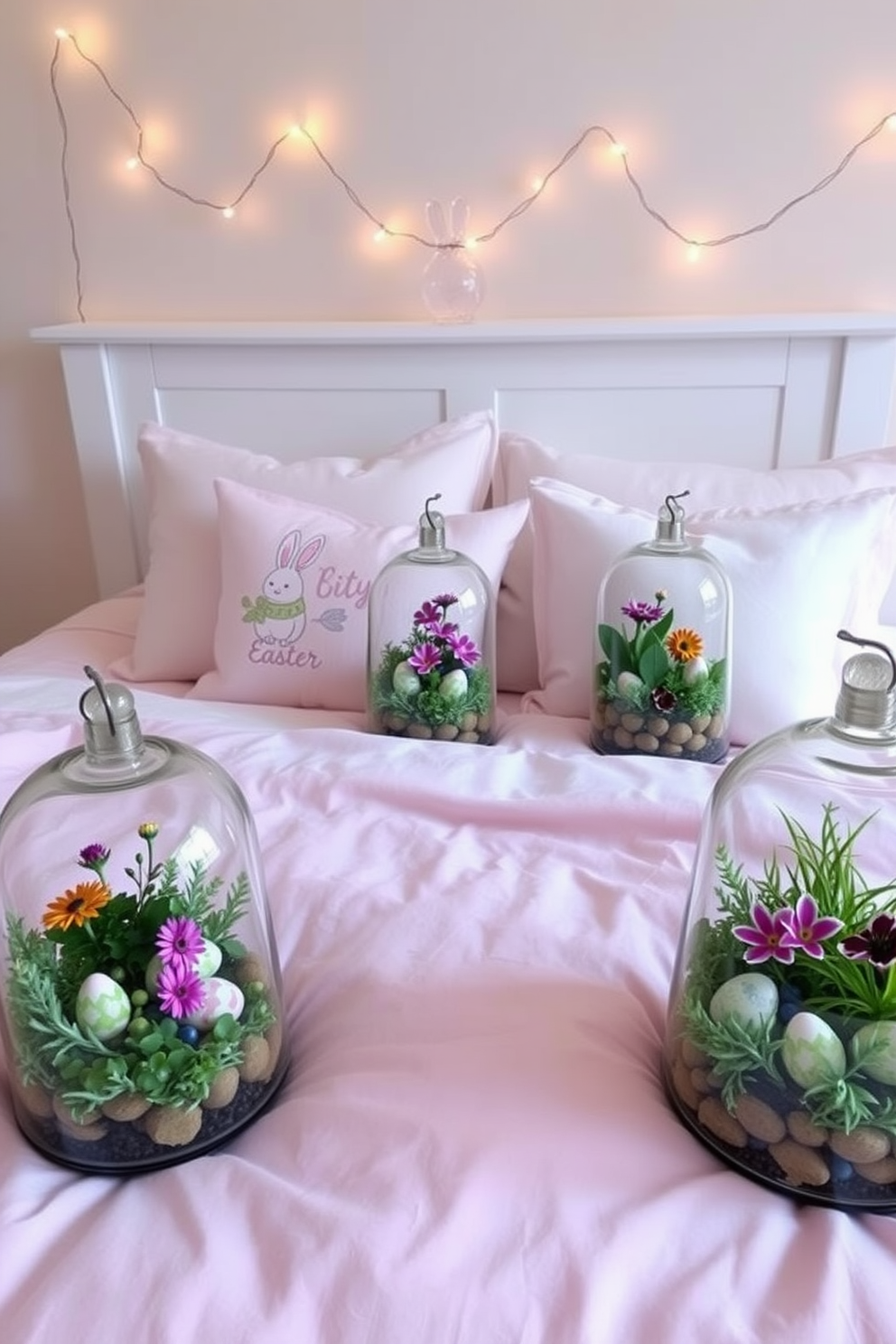 A whimsical bedroom setting adorned with miniature Easter gardens in terrariums. Each terrarium features vibrant flowers and small decorative eggs nestled among lush greenery, creating a cheerful atmosphere. The bedding is soft pastel colors, complemented by Easter-themed throw pillows. Delicate string lights hang above the bed, adding a warm glow to the festive decor.