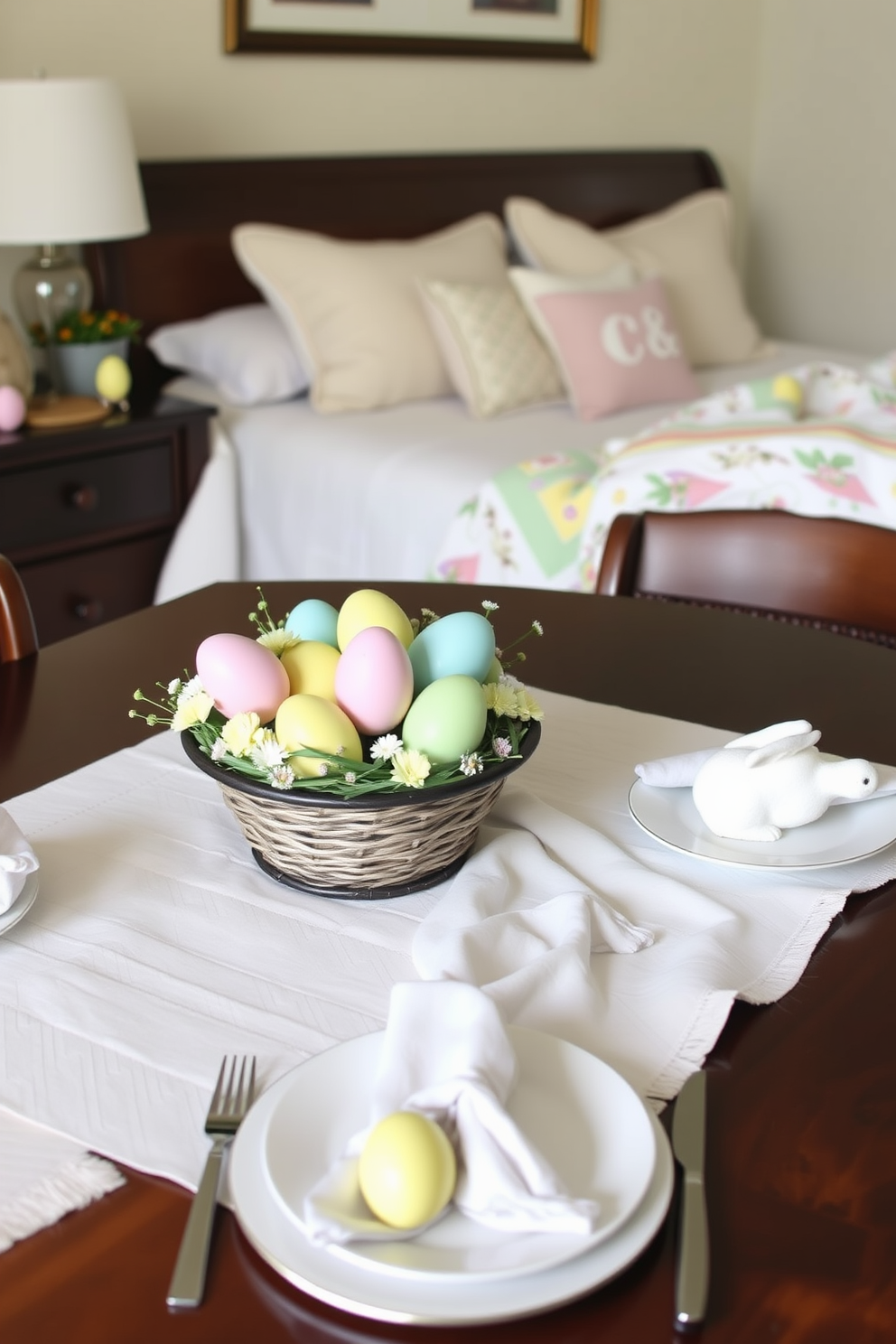 Create a charming dining table setting featuring decorative egg centerpieces in various pastel colors. The eggs are artistically arranged in a shallow basket surrounded by spring flowers, creating a festive and inviting atmosphere. Design a cozy bedroom for Easter decorated with soft linens and cheerful accents. Incorporate decorative eggs on nightstands and a pastel-colored quilt draped over the bed to enhance the seasonal theme.