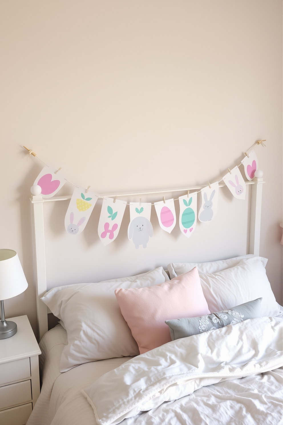 A cozy bedroom adorned with craft paper bunting featuring various Easter designs. The bunting hangs gracefully across the headboard, adding a festive touch to the soft pastel color palette of the room.