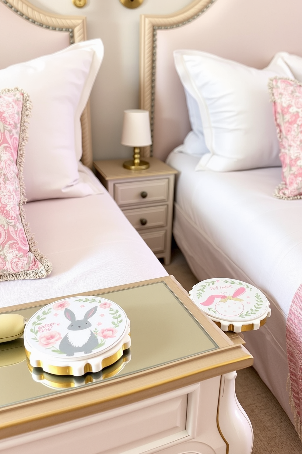 A serene bedroom setting adorned with Easter-themed decorations. Soft pastel colors dominate the decor, with floral patterns on the bedding and cushions. On the nightstand, a beautifully designed diffuser emits seasonal scents like lavender and chamomile. Delicate Easter-themed ornaments, such as bunny figurines and egg-shaped candles, enhance the festive atmosphere.