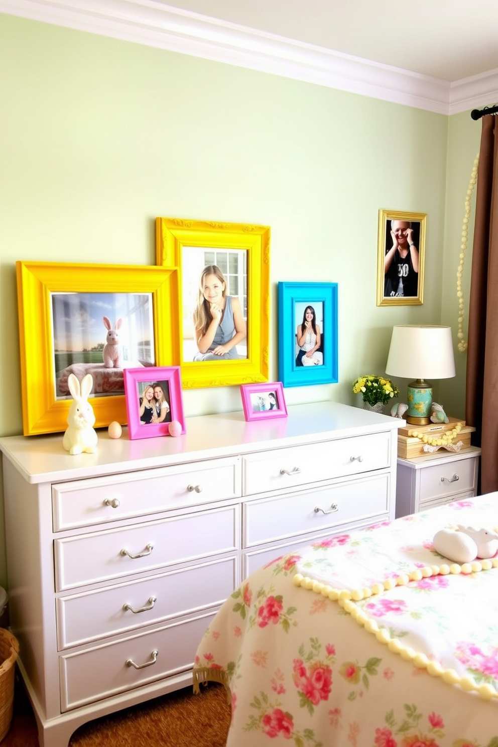 Brightly colored picture frames filled with cherished photos are arranged artfully on a white dresser. The frames are in shades of yellow, blue, and pink, creating a vibrant focal point against the soft pastel walls. For Easter decorating ideas, a cozy bedroom features pastel-colored bedding with floral patterns. Delicate Easter-themed decorations such as bunny figurines and egg garlands are tastefully placed on the nightstands and window sills.