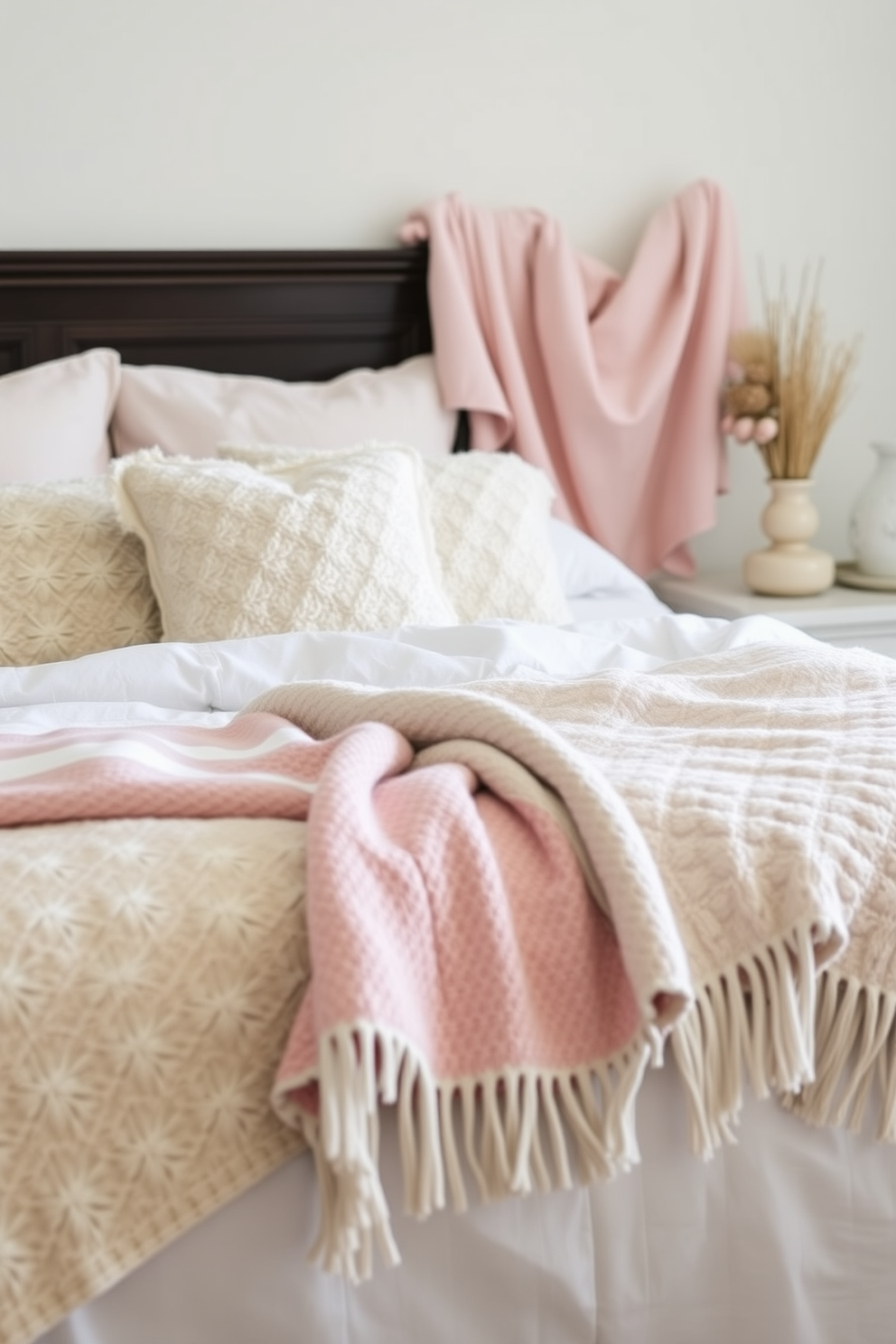 A cozy bedroom setting adorned with seasonal throw blankets in soft pastel colors. The bed is layered with plush pillows and a light quilt, creating a welcoming atmosphere for Easter celebrations.